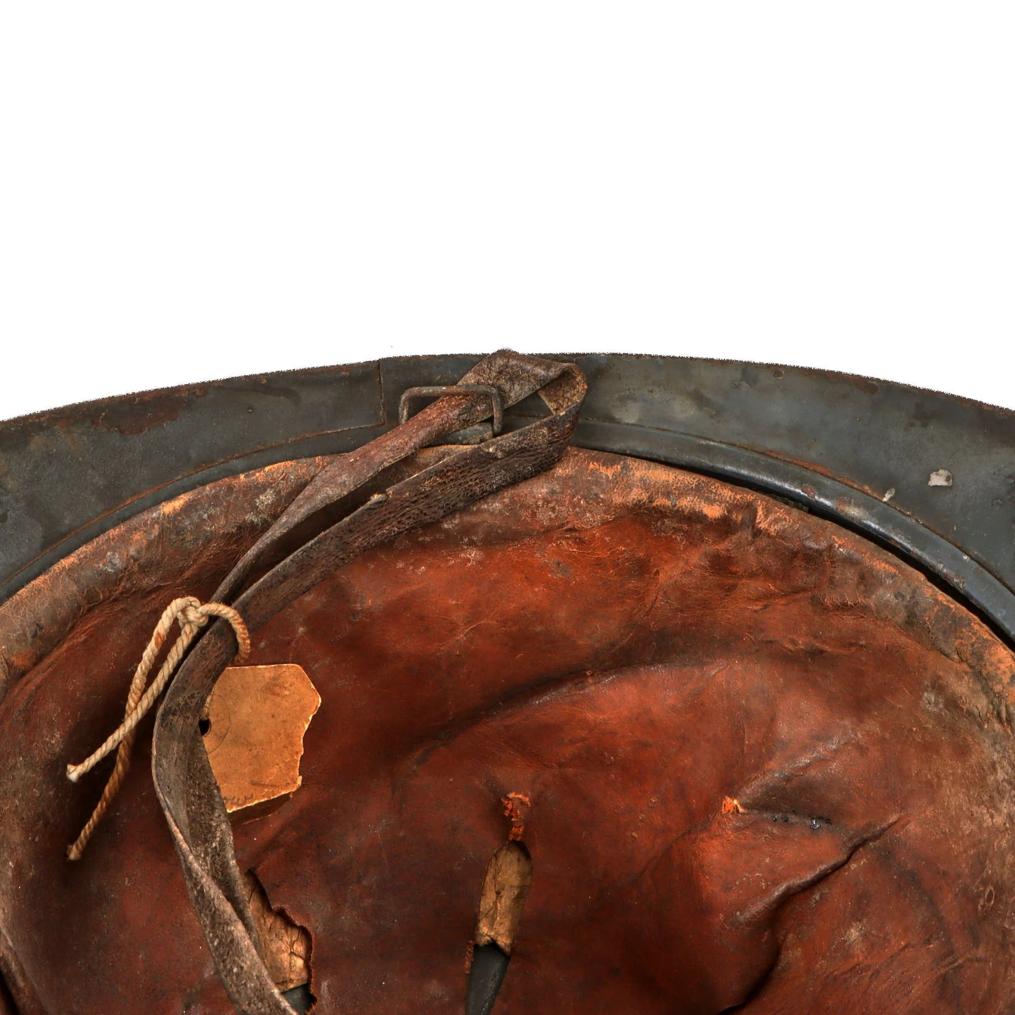 Original French WWI Issue Model 1915 Infantry Adrian Helmet in Horizon Blue with Scarce 1st Pattern Liner & Period Newspapers Used as Liner Padding — image 8