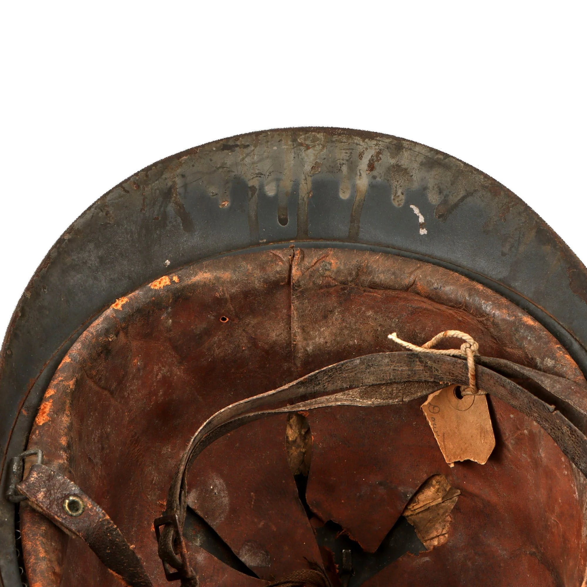 Original French WWI Issue Model 1915 Infantry Adrian Helmet in Horizon Blue with Scarce 1st Pattern Liner & Period Newspapers Used as Liner Padding — image 9