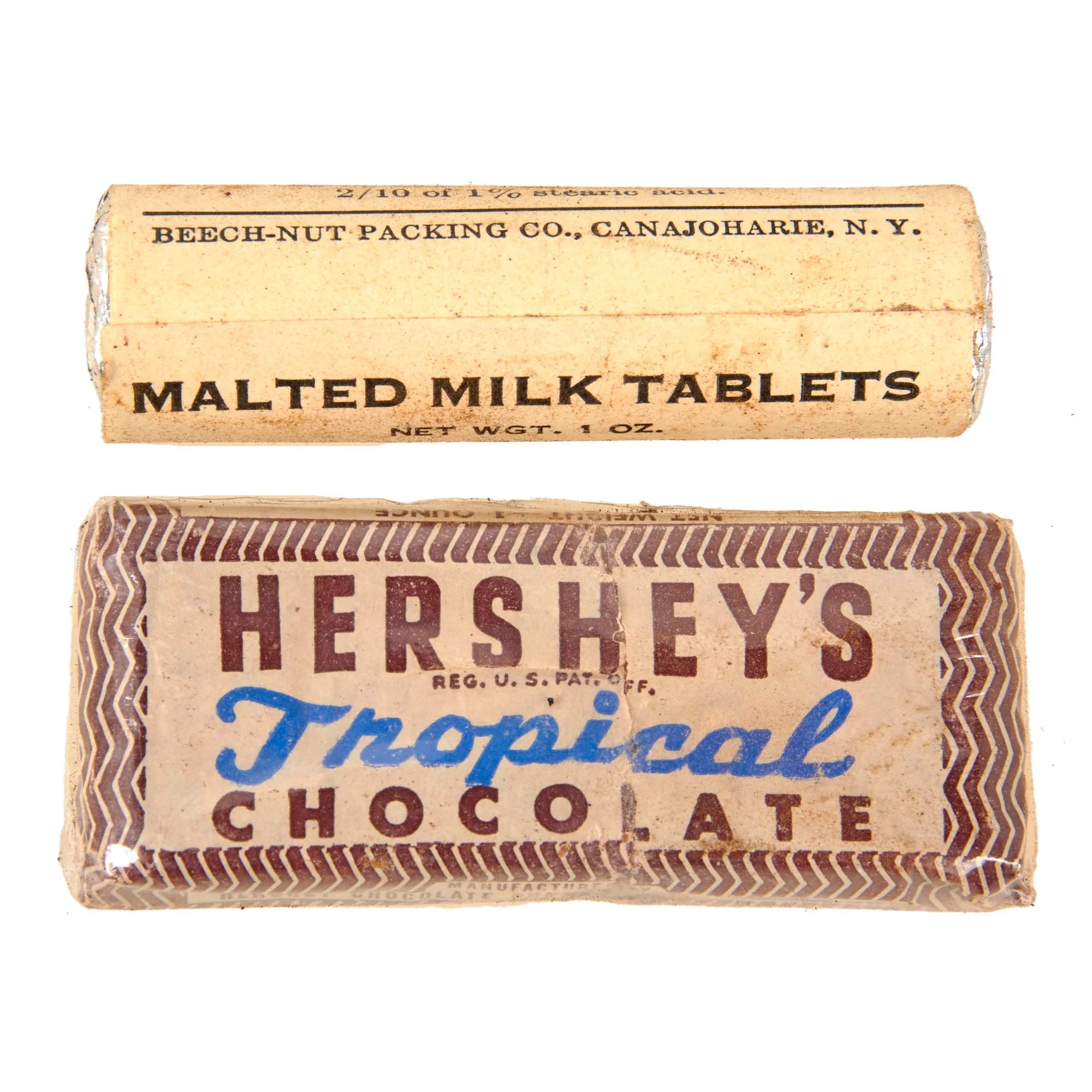 Original U.S. WWII Ration Lot Including Sealed Assorted Charms & Field Ration C Biscuit Confection - Hershey's Tropical Chocolate and Empty Tins — image 5