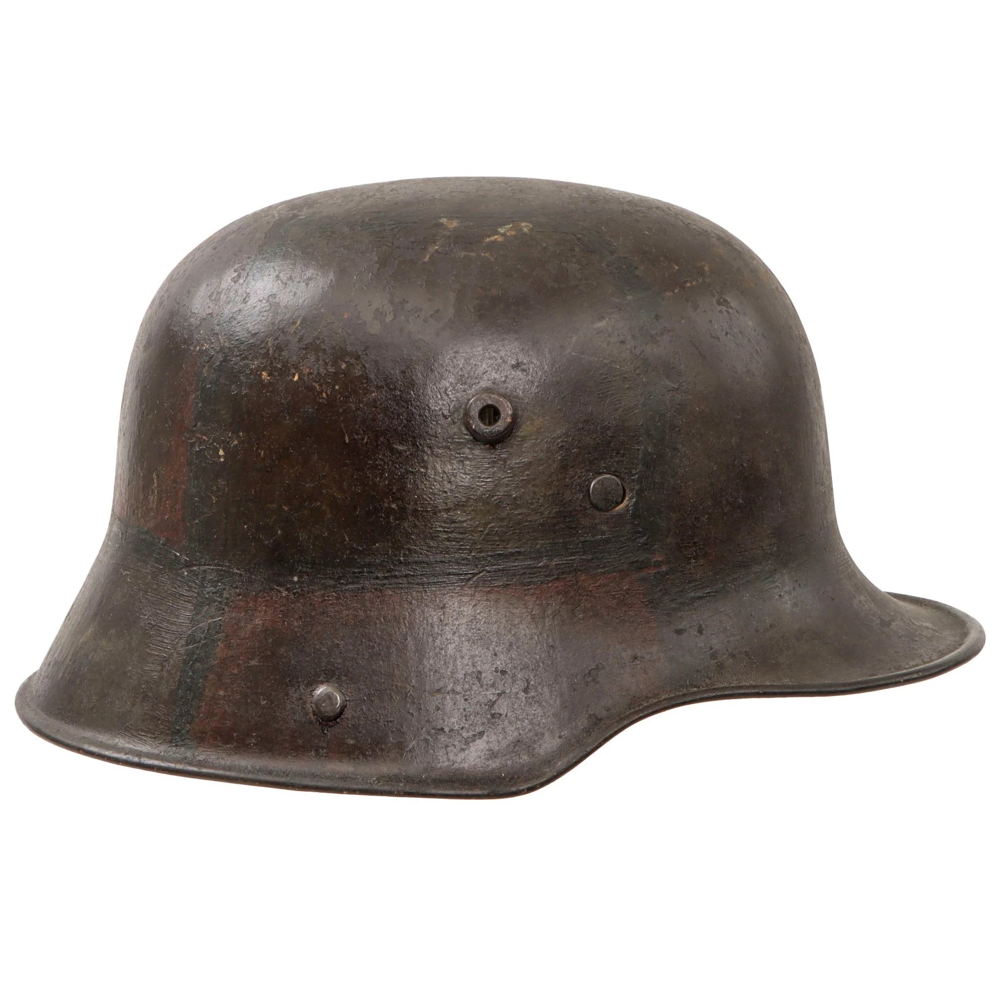 Original Imperial German WWI M16 Stahlhelm Helmet with Panel Camouflage Paint & Leather Liner - Possible Battle Damage - Marked TJ66 — image 4