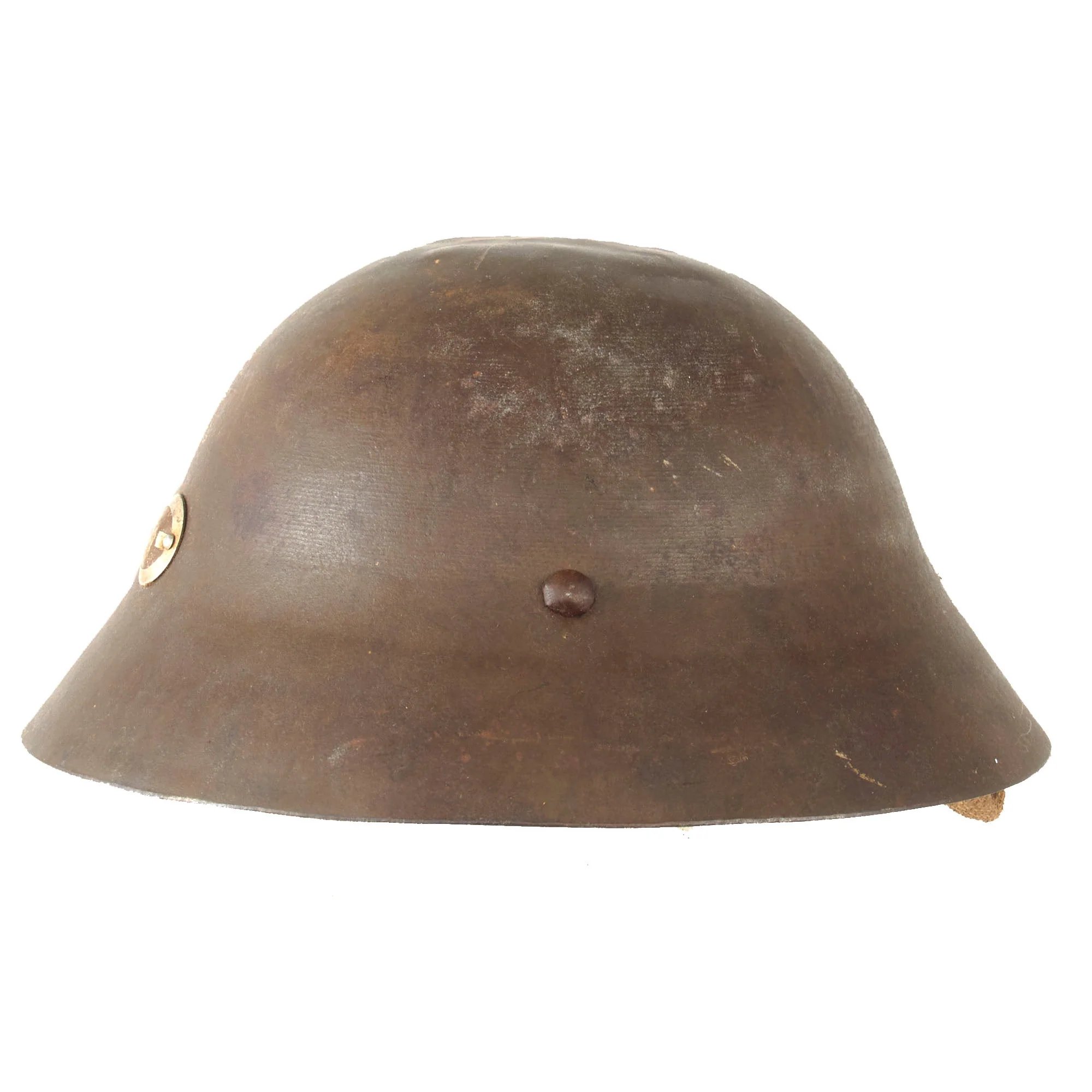 Original Imperial Japanese Army WWII Type 90 Civil Defense Helmet with Badge & Kanji on Rear - Partial Liner & Chinstrap — image 10