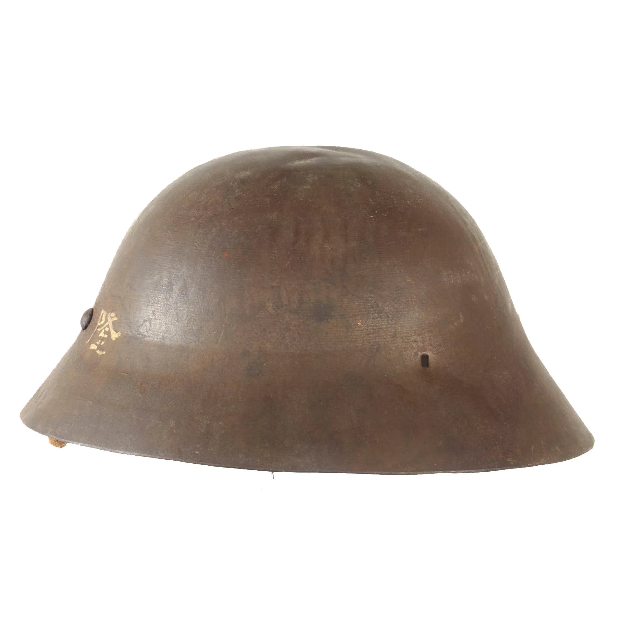 Original Imperial Japanese Army WWII Type 90 Civil Defense Helmet with Badge & Kanji on Rear - Partial Liner & Chinstrap — image 11