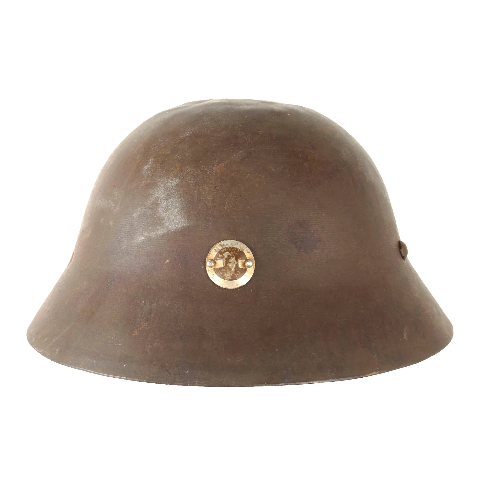Original Imperial Japanese Army WWII Type 90 Civil Defense Helmet with Badge & Kanji on Rear - Partial Liner & Chinstrap — image 12