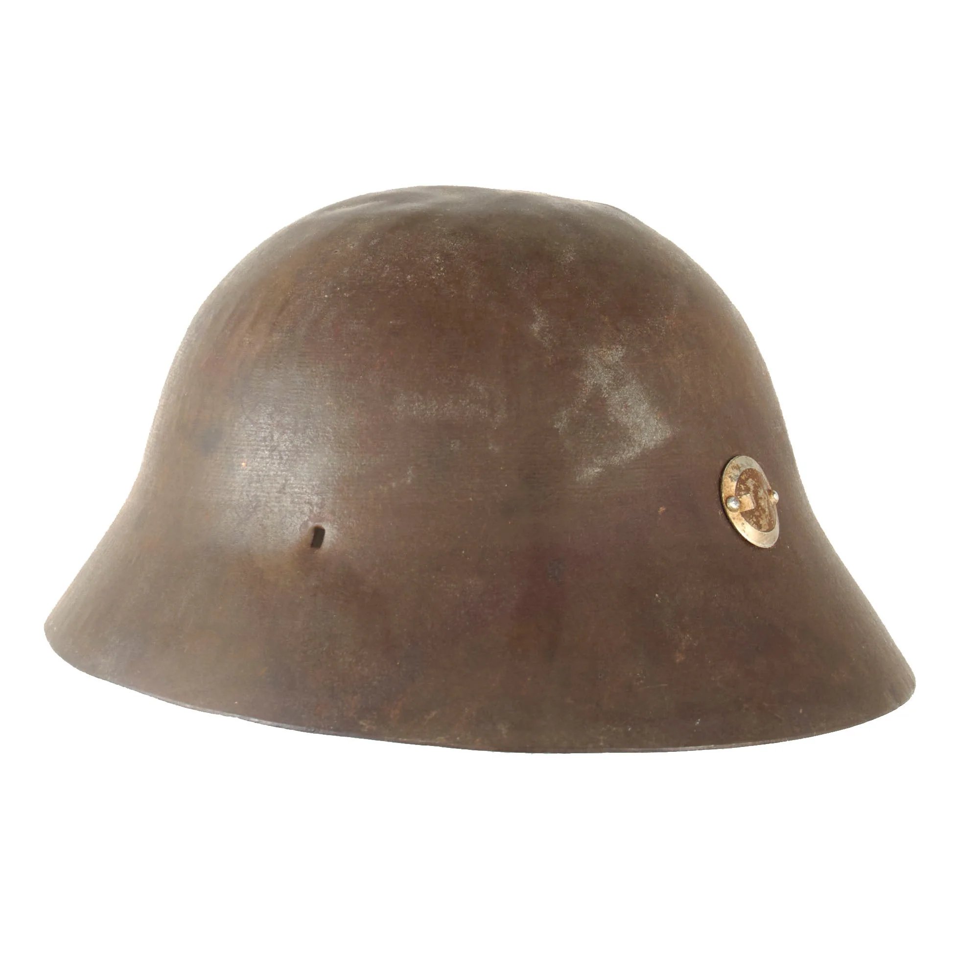 Original Imperial Japanese Army WWII Type 90 Civil Defense Helmet with Badge & Kanji on Rear - Partial Liner & Chinstrap — image 2