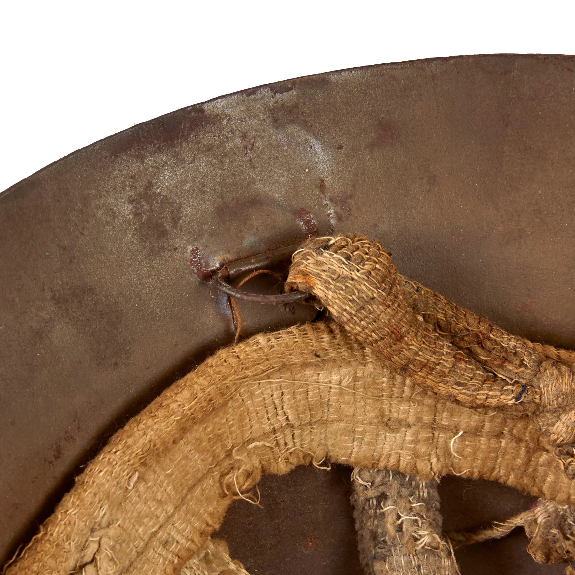 Original Imperial Japanese Army WWII Type 90 Civil Defense Helmet with Badge & Kanji on Rear - Partial Liner & Chinstrap — image 8