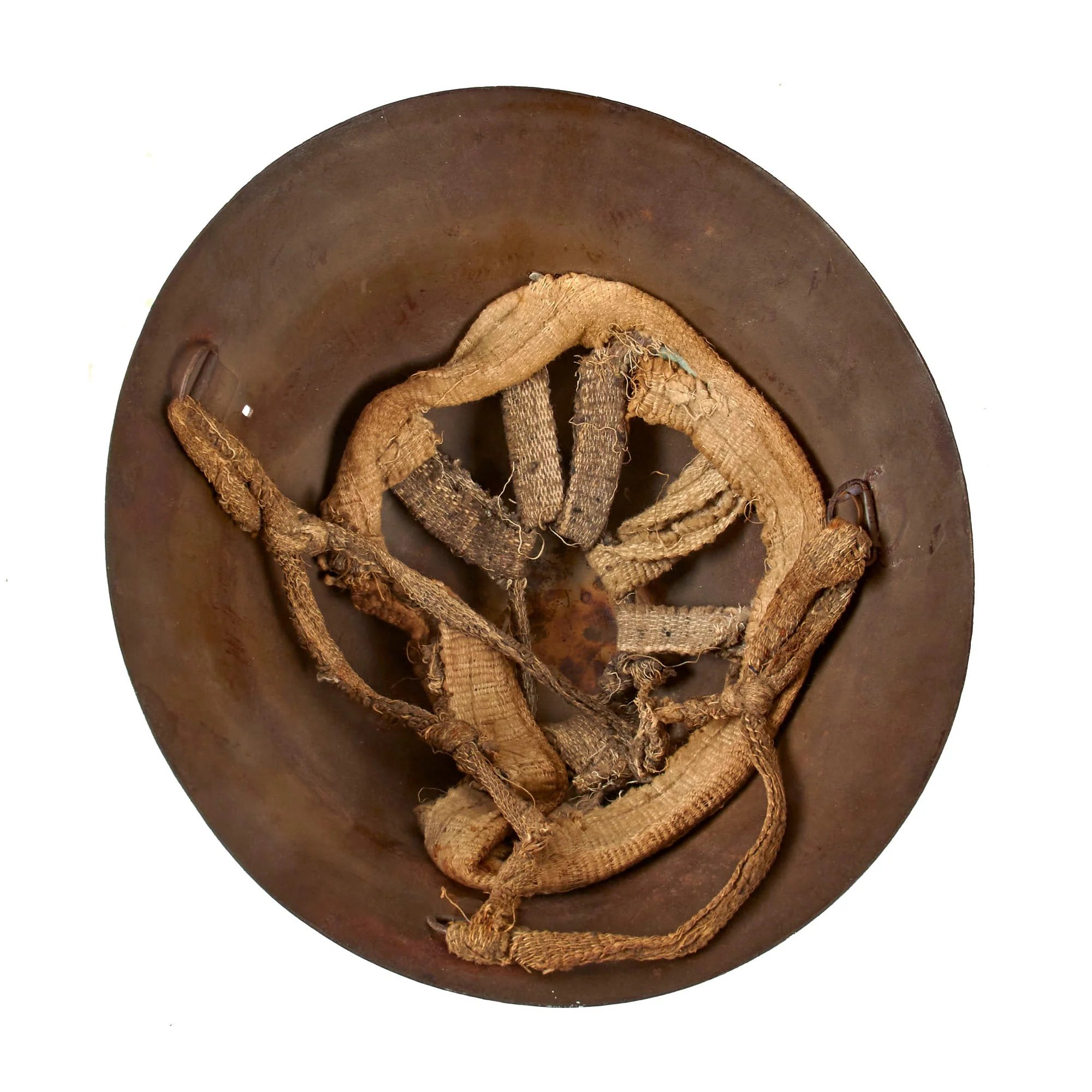 Original Imperial Japanese Army WWII Type 90 Civil Defense Helmet with Badge & Kanji on Rear - Partial Liner & Chinstrap — image 9