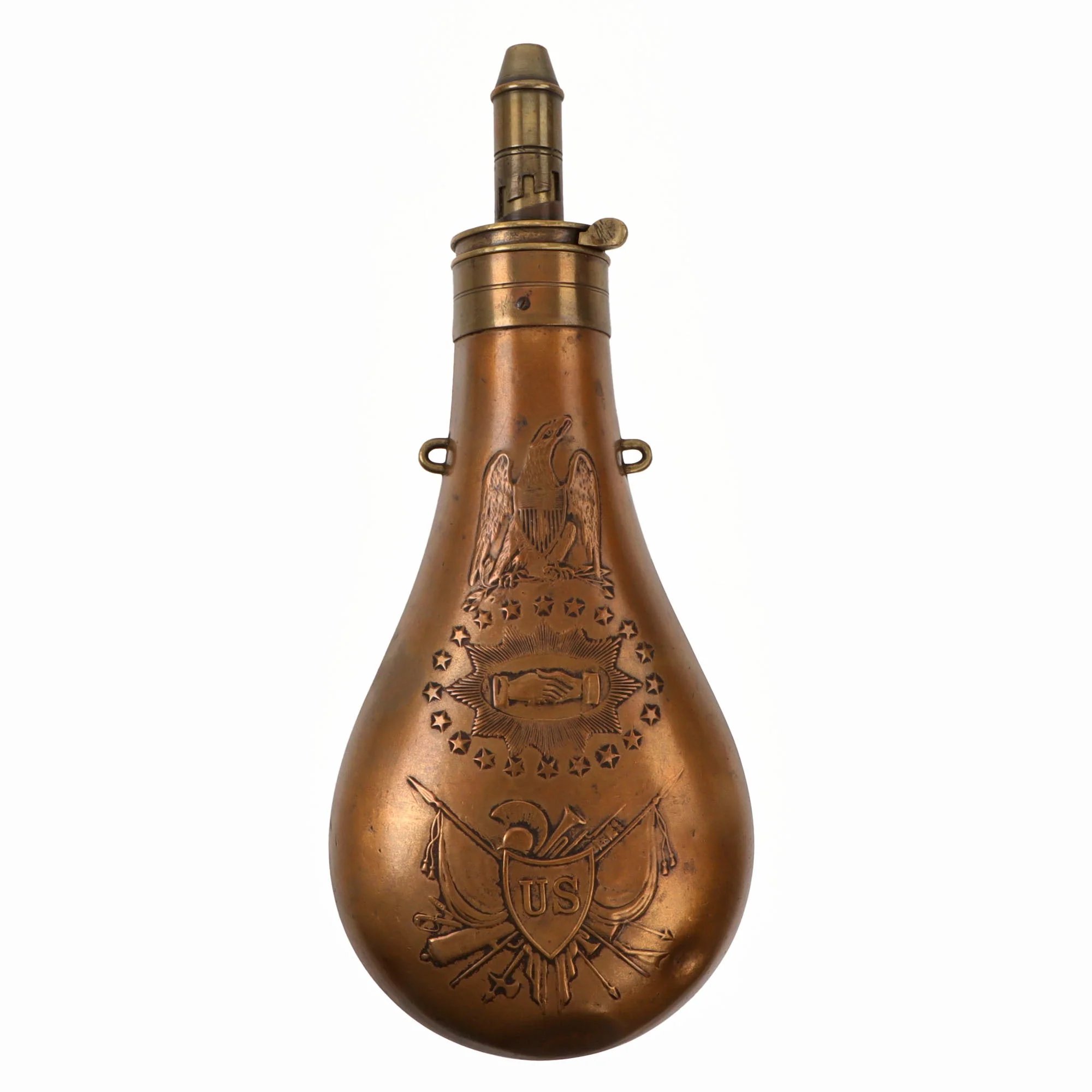 Original U.S. Civil War Copper Batty Peace Powder Flask by Batty Brothers - Dated 1850 - Missing Spring — image 2