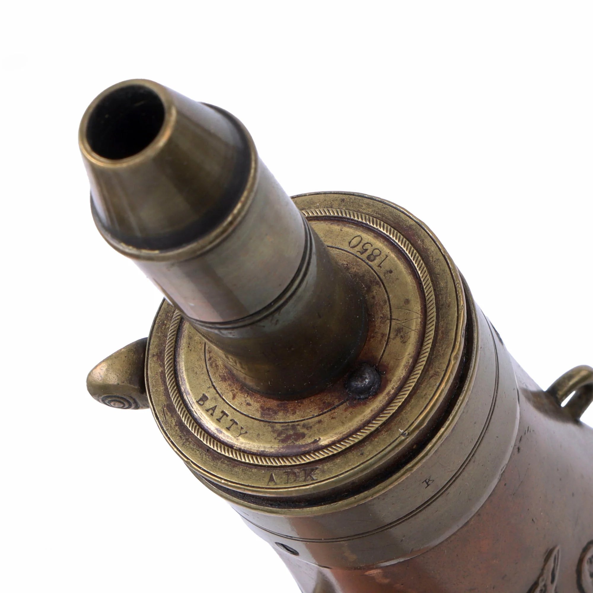 Original U.S. Civil War Copper Batty Peace Powder Flask by Batty Brothers - Dated 1850 - Missing Spring — image 4