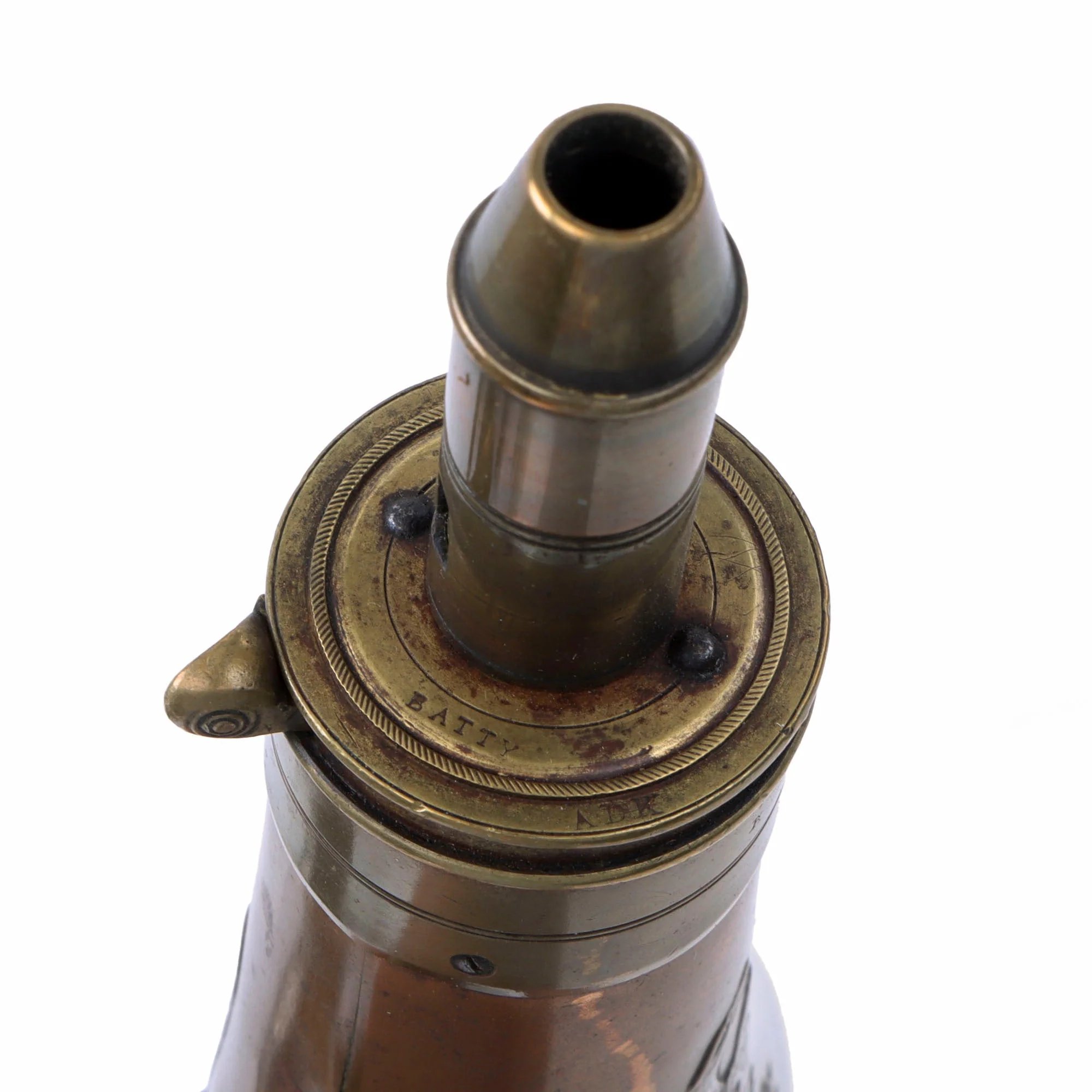 Original U.S. Civil War Copper Batty Peace Powder Flask by Batty Brothers - Dated 1850 - Missing Spring — image 5