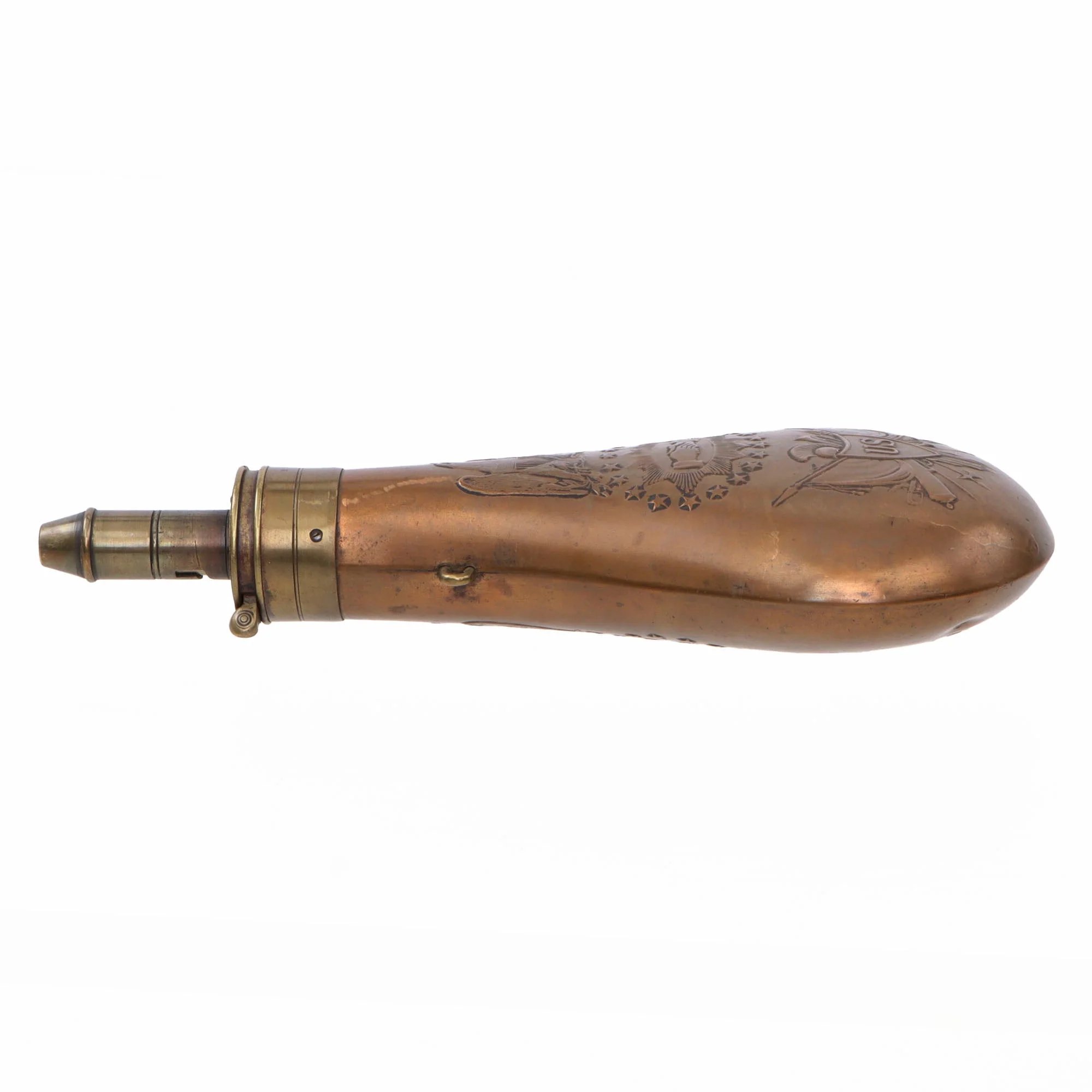 Original U.S. Civil War Copper Batty Peace Powder Flask by Batty Brothers - Dated 1850 - Missing Spring — image 6