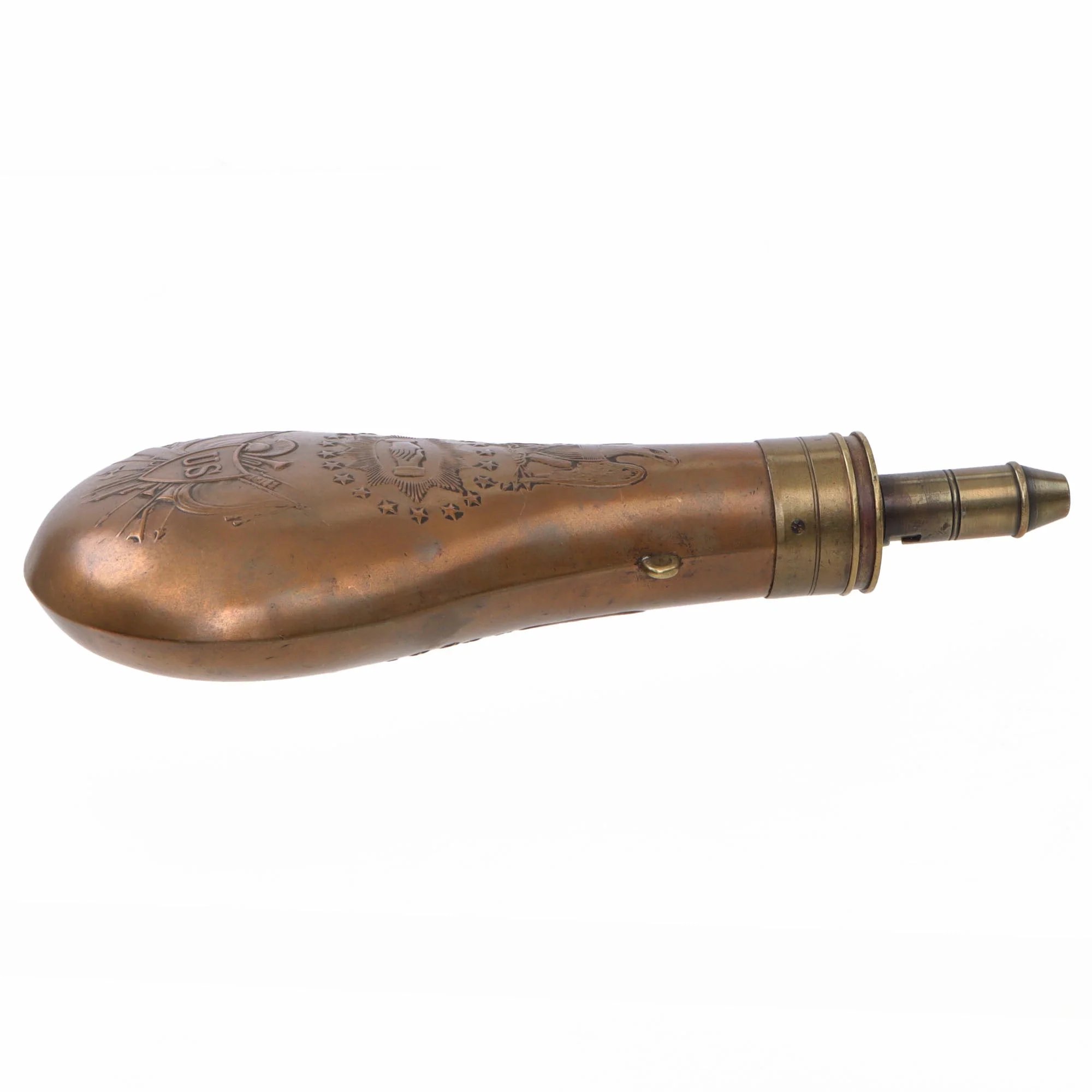 Original U.S. Civil War Copper Batty Peace Powder Flask by Batty Brothers - Dated 1850 - Missing Spring — image 7