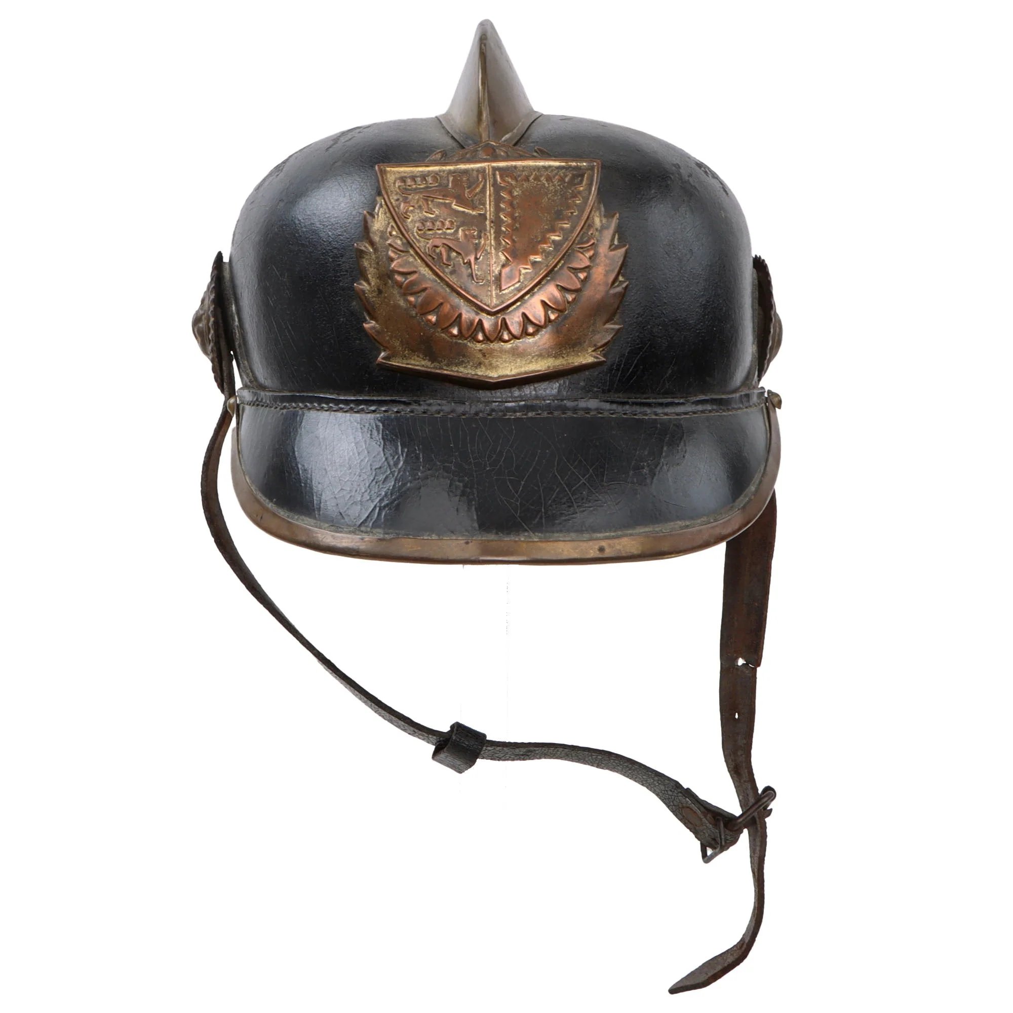 Original Imperial German Pre WWI Schleswig-Holstein Fire Brigade Pickelhaube Style Leather Helmet — image 12
