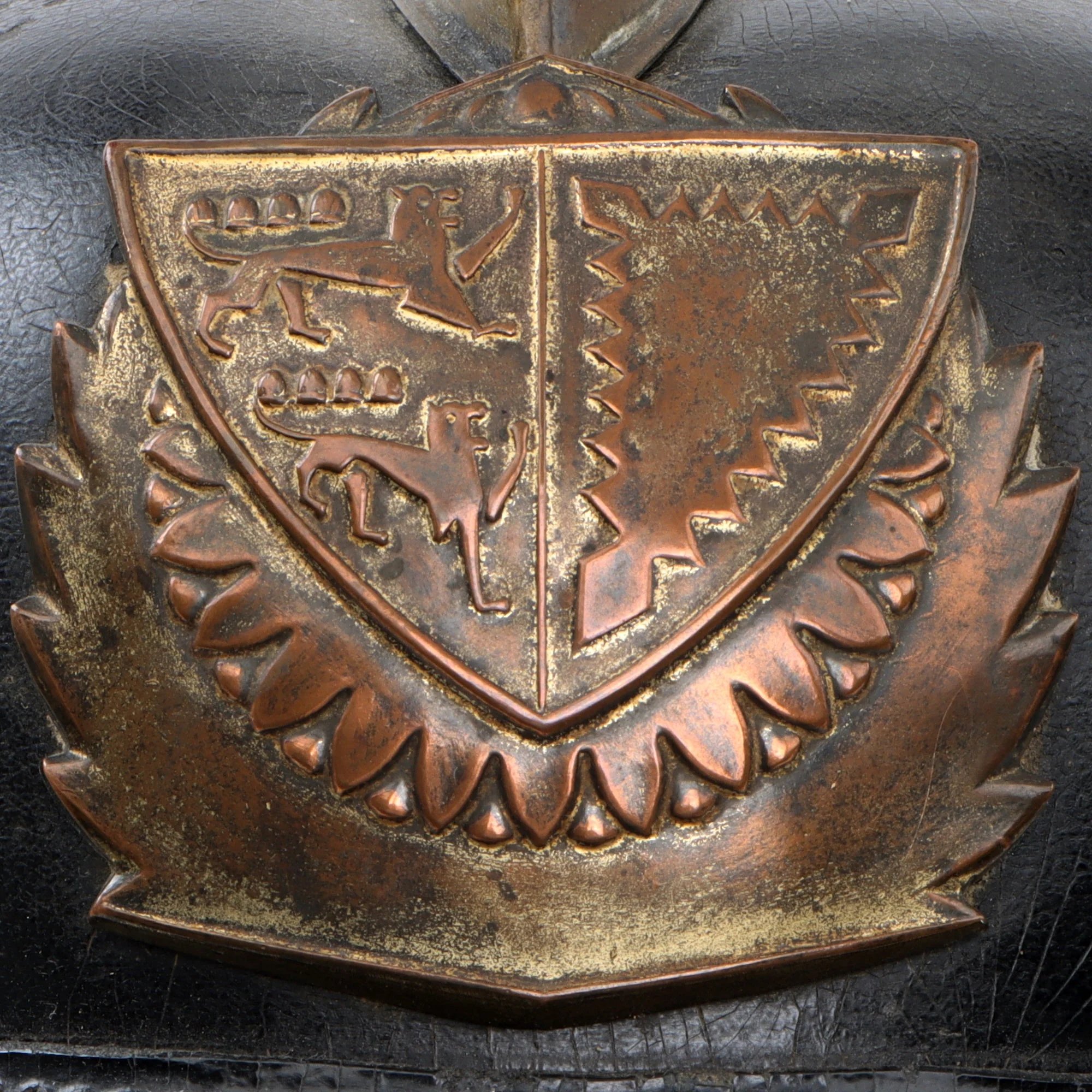 Original Imperial German Pre WWI Schleswig-Holstein Fire Brigade Pickelhaube Style Leather Helmet — image 4