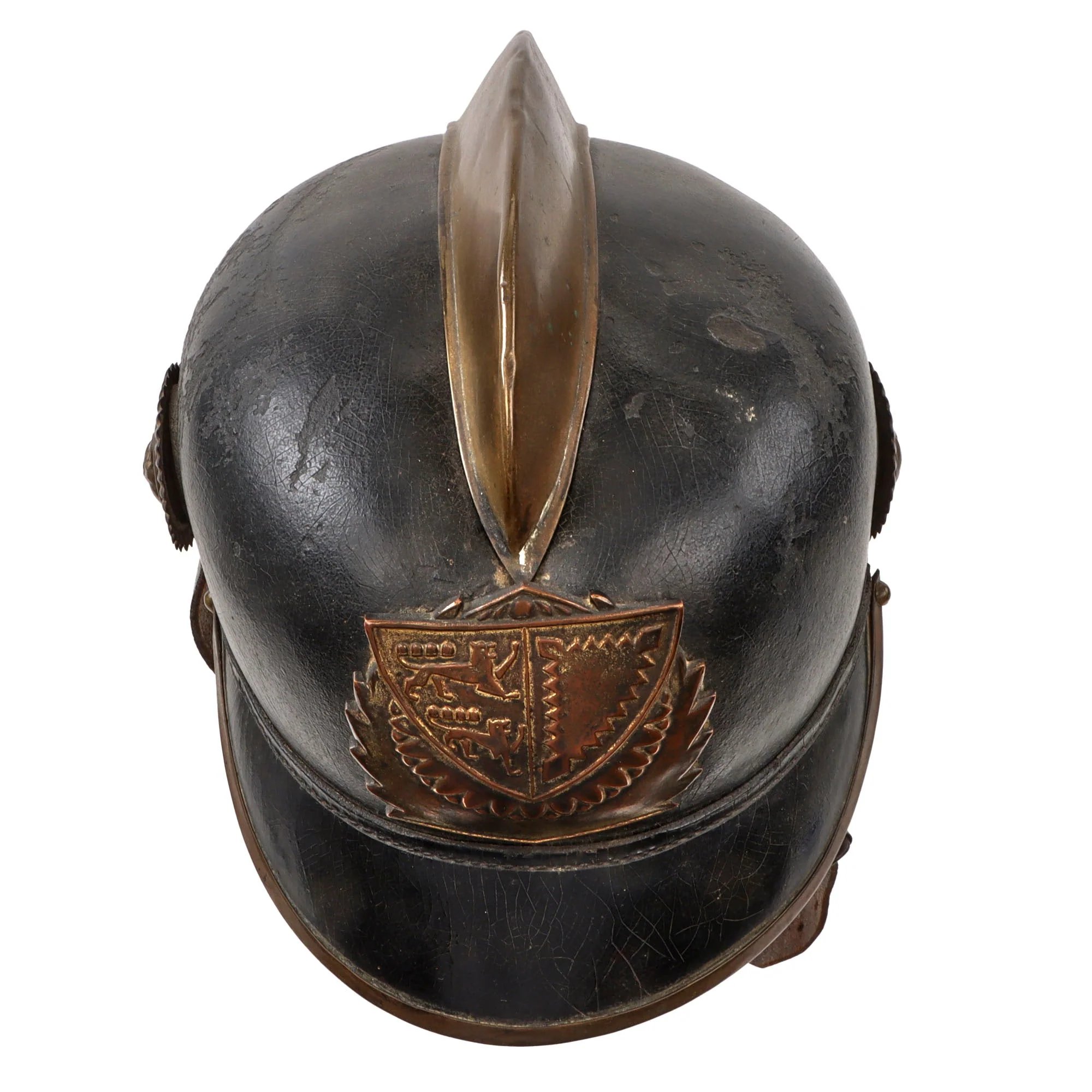Original Imperial German Pre WWI Schleswig-Holstein Fire Brigade Pickelhaube Style Leather Helmet — image 9