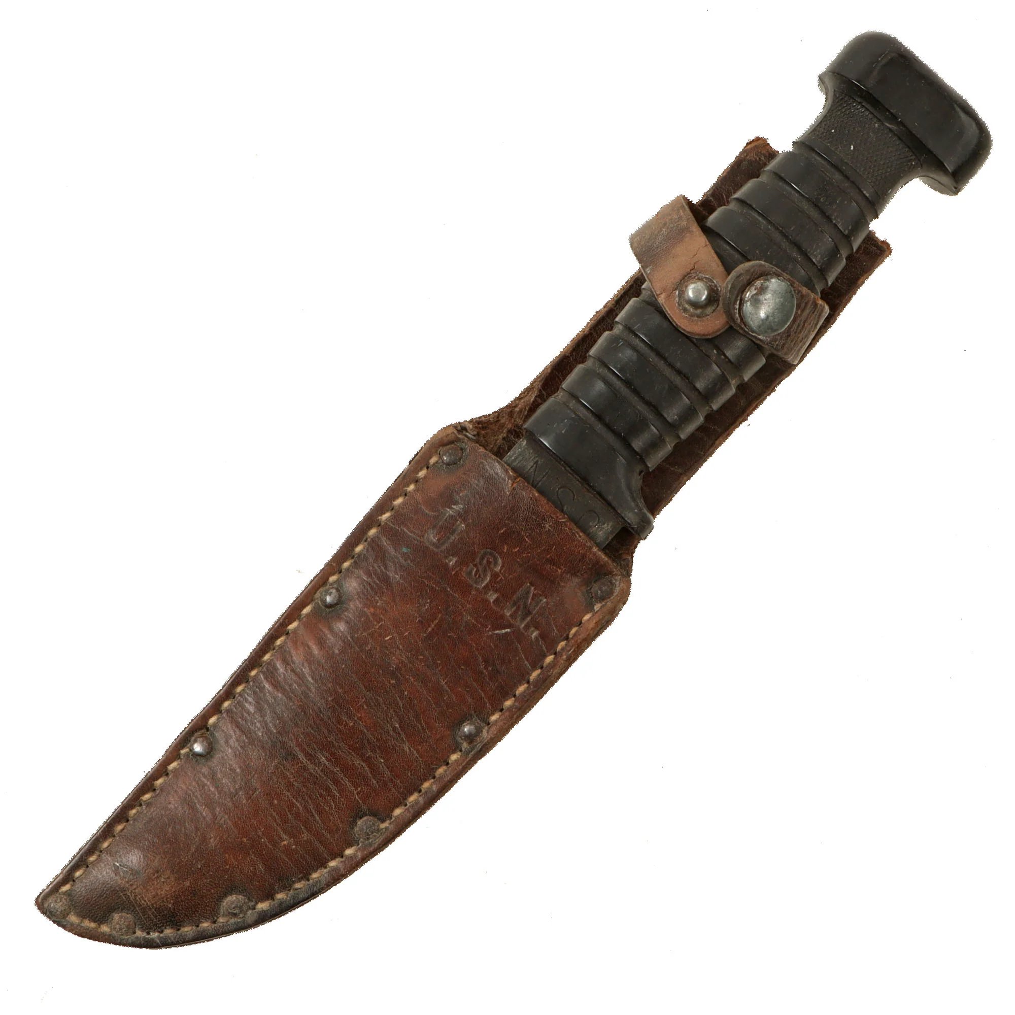 Original U.S. WWII Navy USN Mark 1 Fighting Knife by COLONIAL with Leather Scabbard — image 3