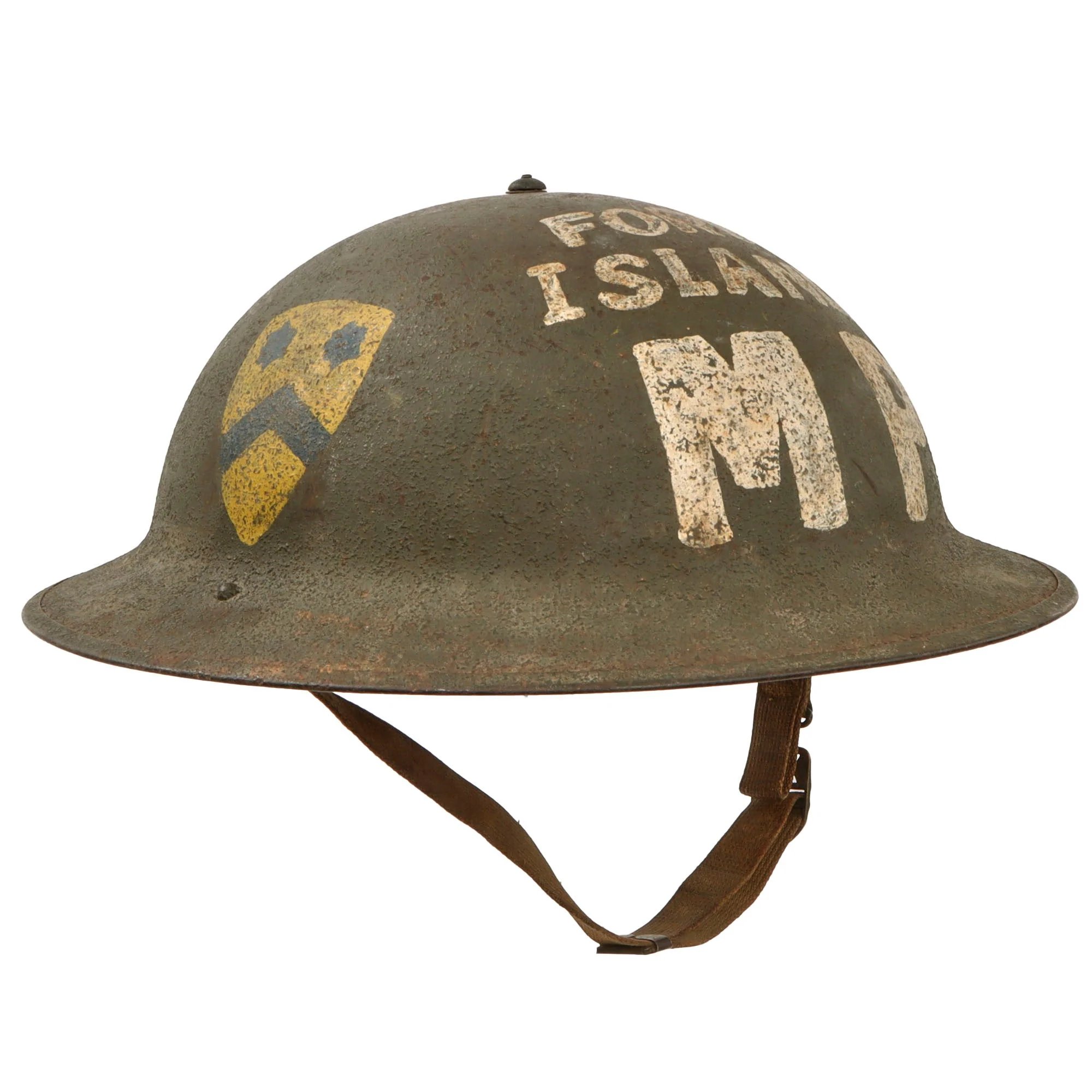 Original U.S. WWII Ford Island Military Police M1917A1 Kelly Helmet with Textured Paint & Liner — image 2