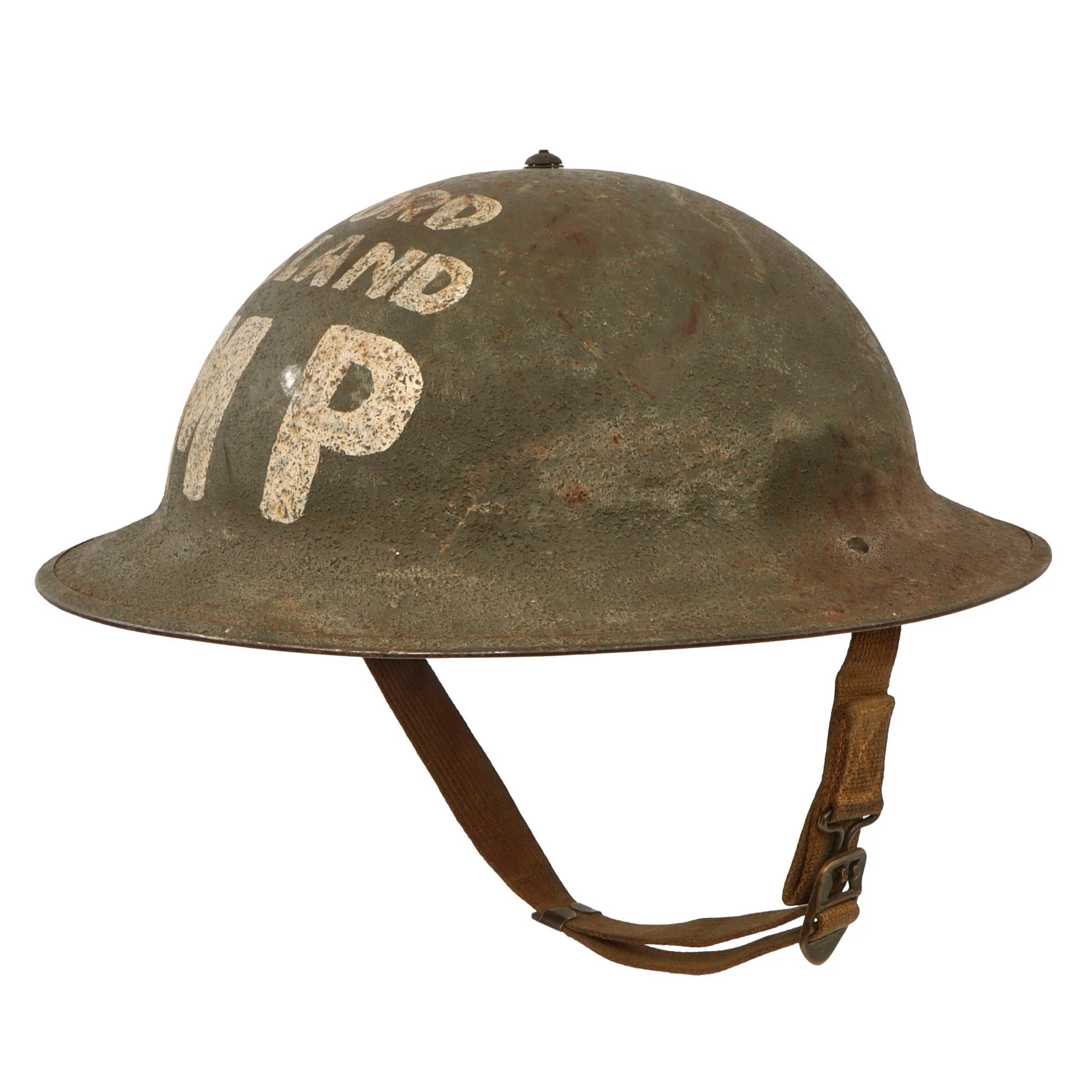 Original U.S. WWII Ford Island Military Police M1917A1 Kelly Helmet with Textured Paint & Liner — image 3