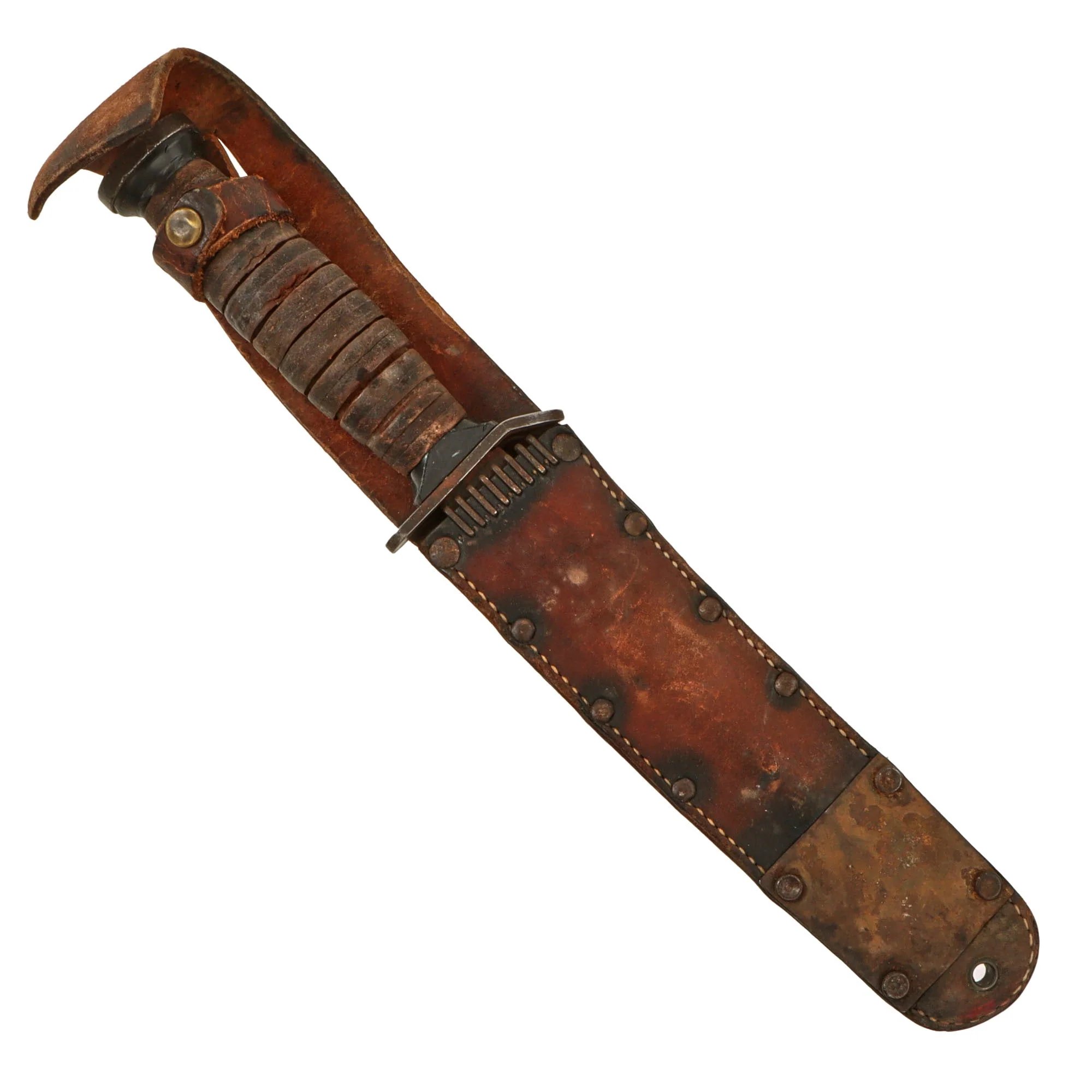 Original U.S. WWII 'Commercial' M3 Fighting Knife with Black Plastic Spacers & Damaged Private Purchase M6 Scabbard Likely by Barwood — image 10