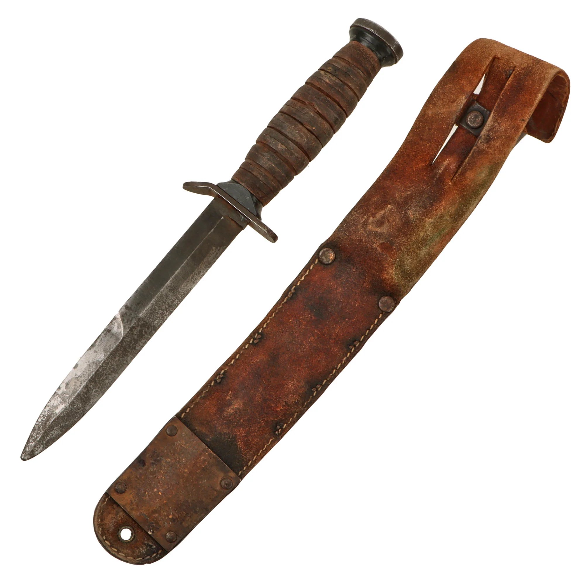 Original U.S. WWII 'Commercial' M3 Fighting Knife with Black Plastic Spacers & Damaged Private Purchase M6 Scabbard Likely by Barwood — image 2