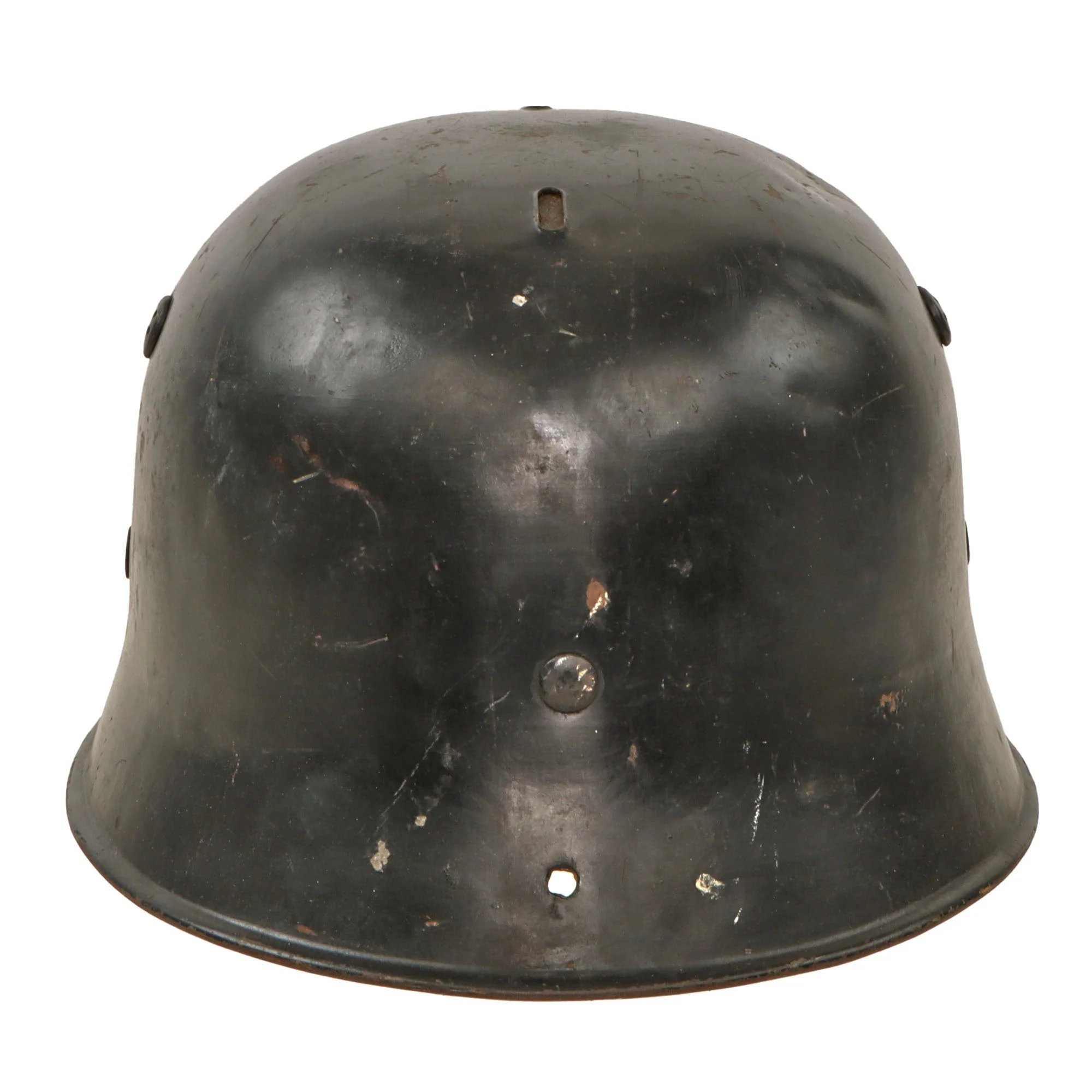Original German Pre-WWII M34 Square Dip First Pattern Fire Protection Police Helmet with Double Decals - Removed Comb — image 11