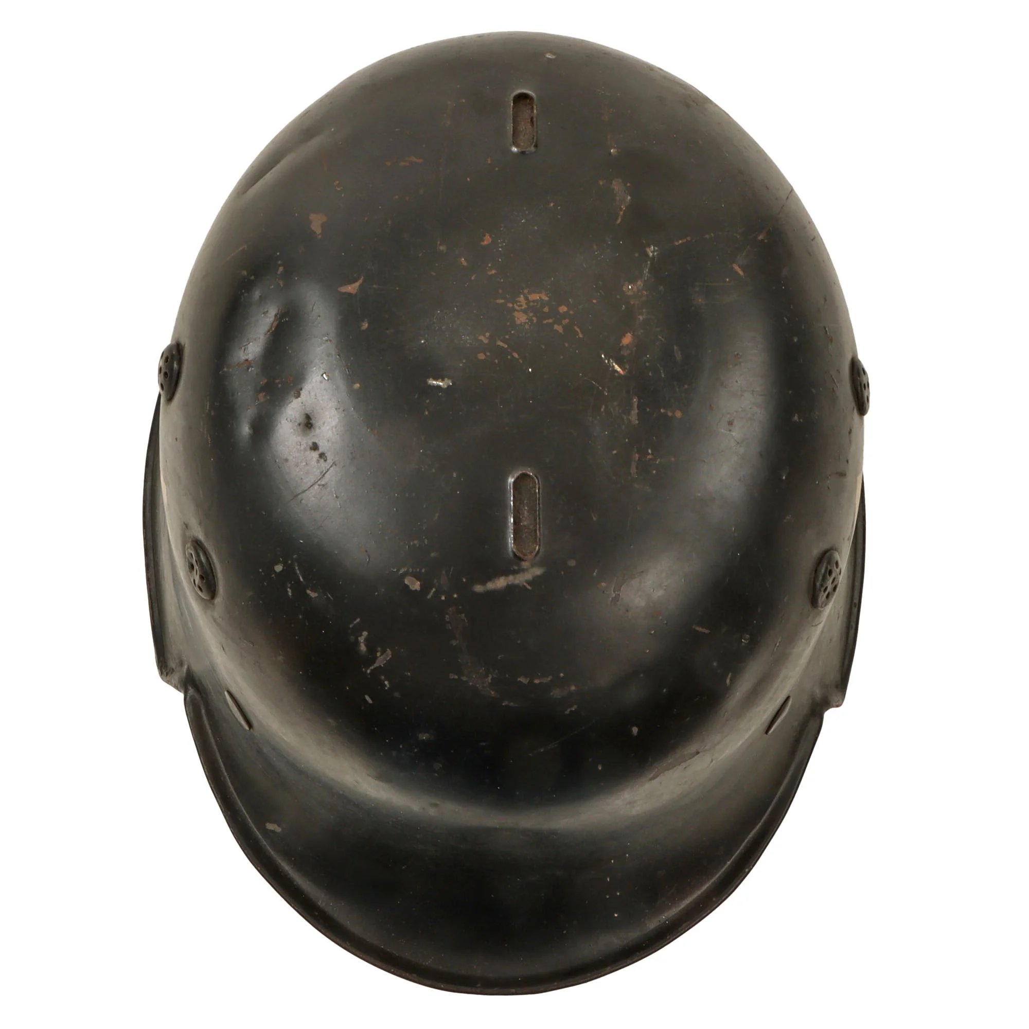 Original German Pre-WWII M34 Square Dip First Pattern Fire Protection Police Helmet with Double Decals - Removed Comb — image 12