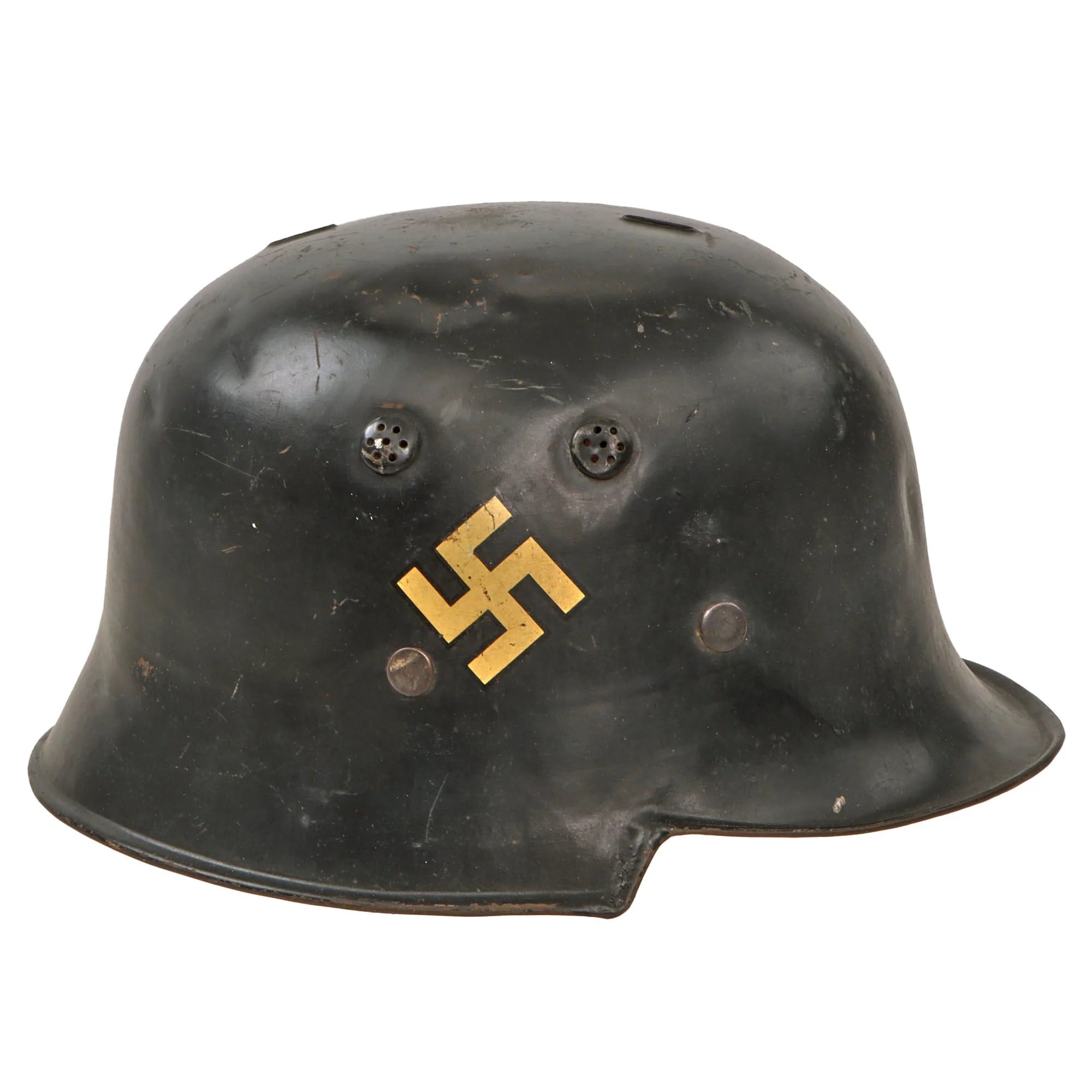 Original German Pre-WWII M34 Square Dip First Pattern Fire Protection Police Helmet with Double Decals - Removed Comb — image 2