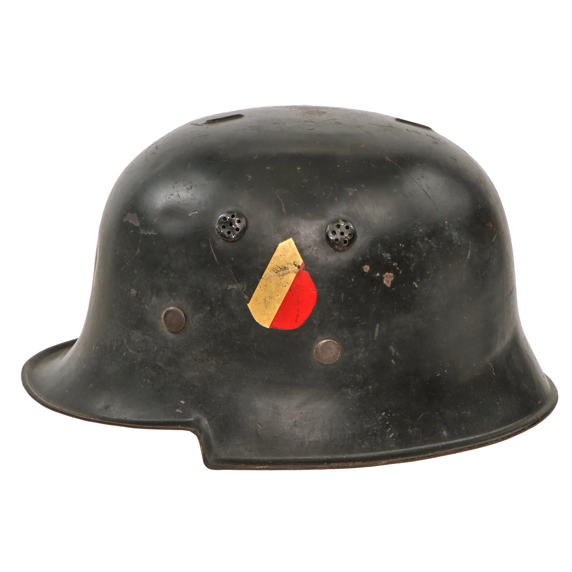 Original German Pre-WWII M34 Square Dip First Pattern Fire Protection Police Helmet with Double Decals - Removed Comb — image 3