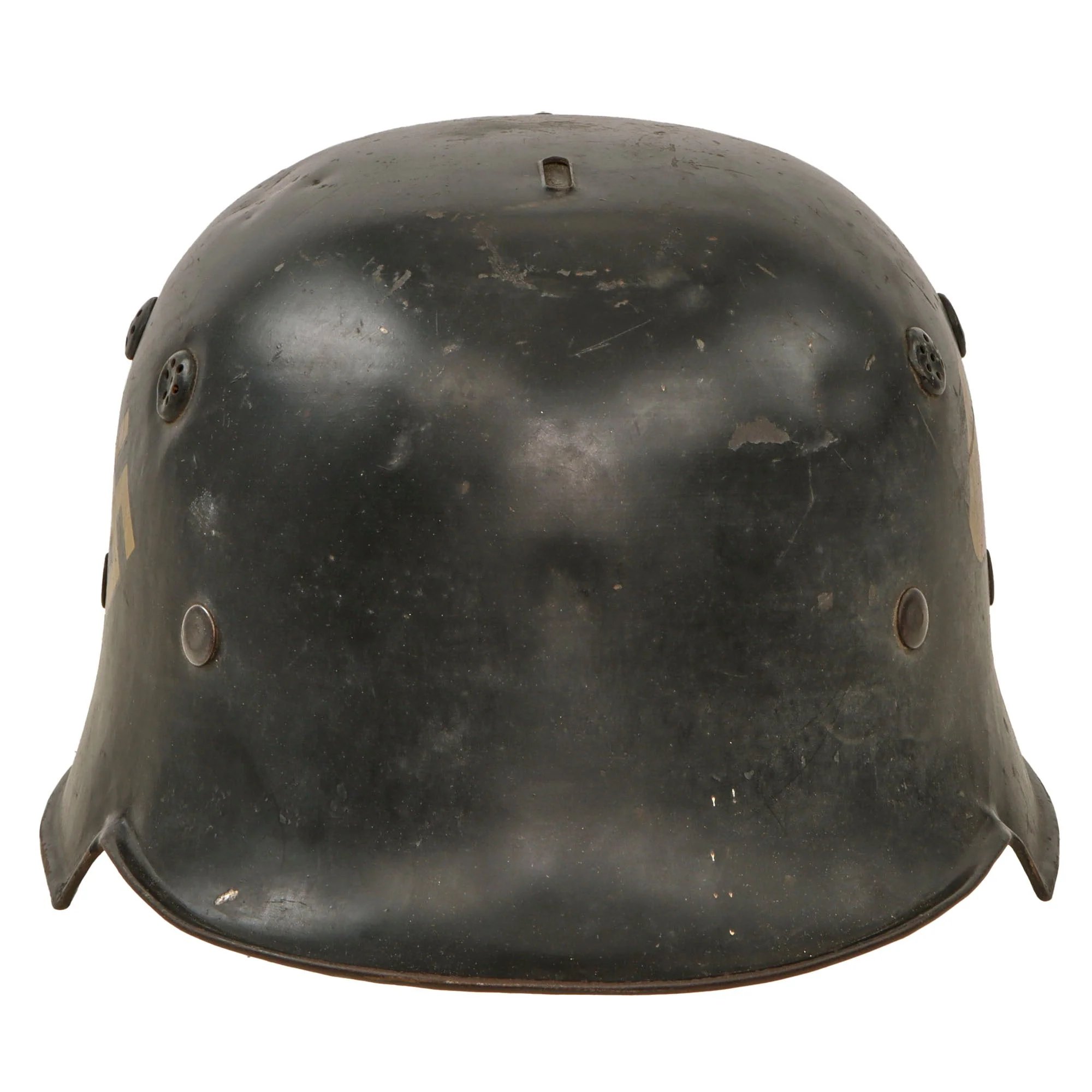 Original German Pre-WWII M34 Square Dip First Pattern Fire Protection Police Helmet with Double Decals - Removed Comb — image 4