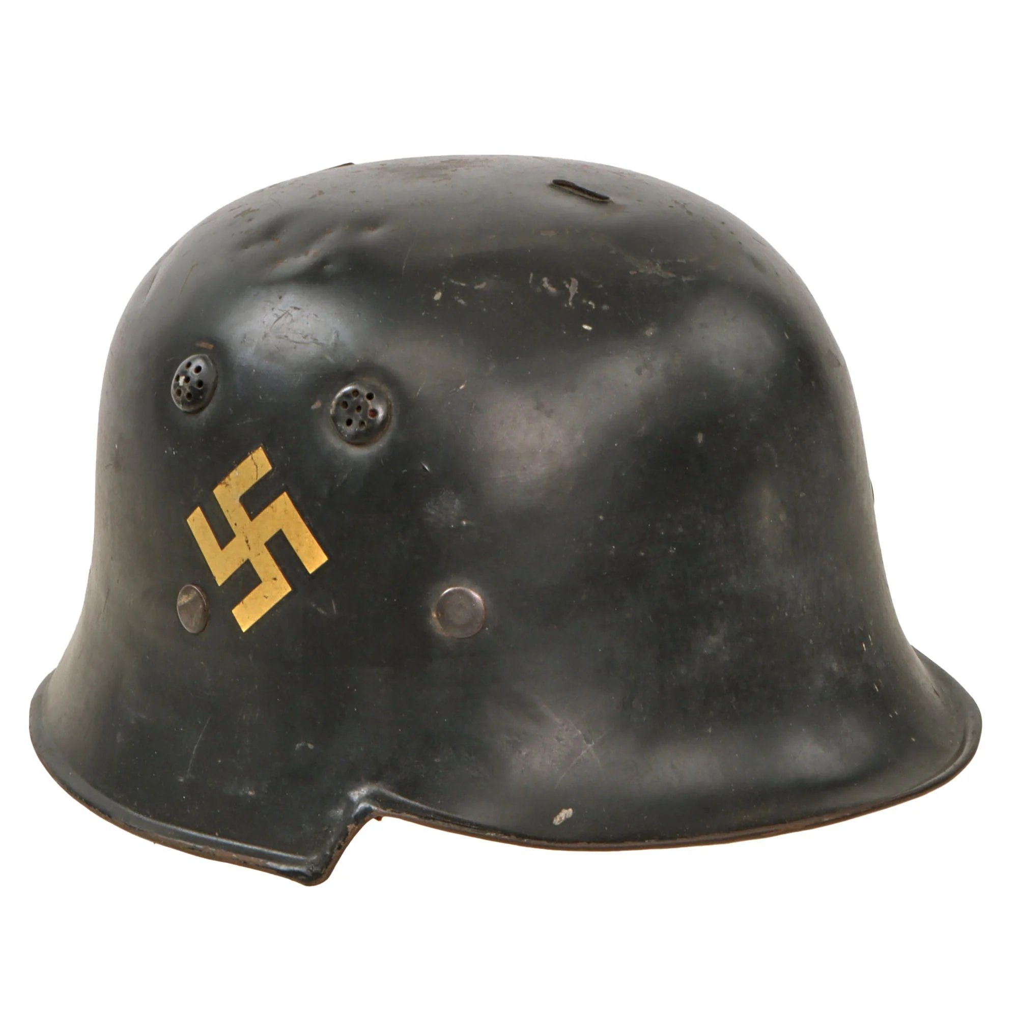 Original German Pre-WWII M34 Square Dip First Pattern Fire Protection Police Helmet with Double Decals - Removed Comb — image 5