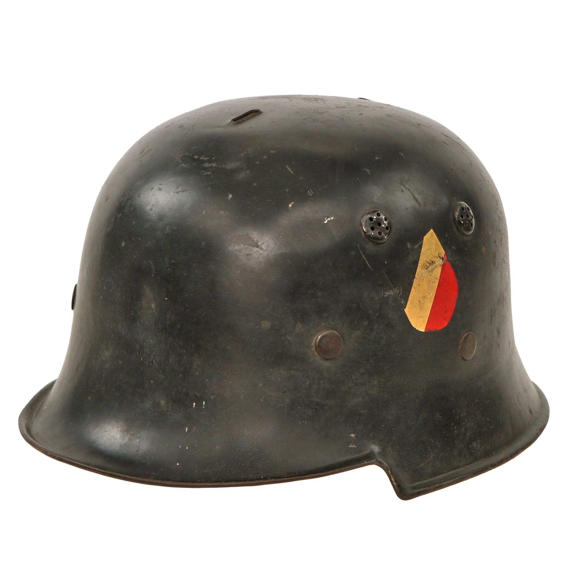 Original German Pre-WWII M34 Square Dip First Pattern Fire Protection Police Helmet with Double Decals - Removed Comb — image 6