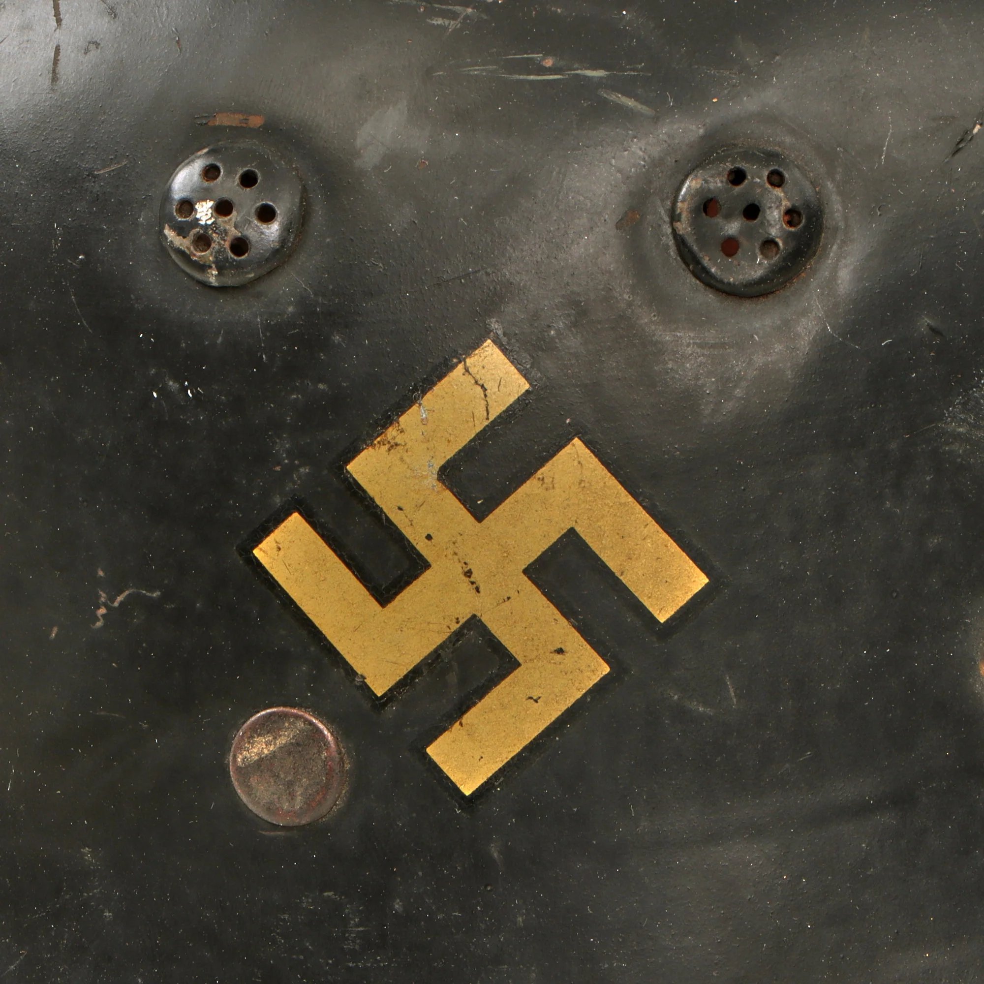 Original German Pre-WWII M34 Square Dip First Pattern Fire Protection Police Helmet with Double Decals - Removed Comb — image 7