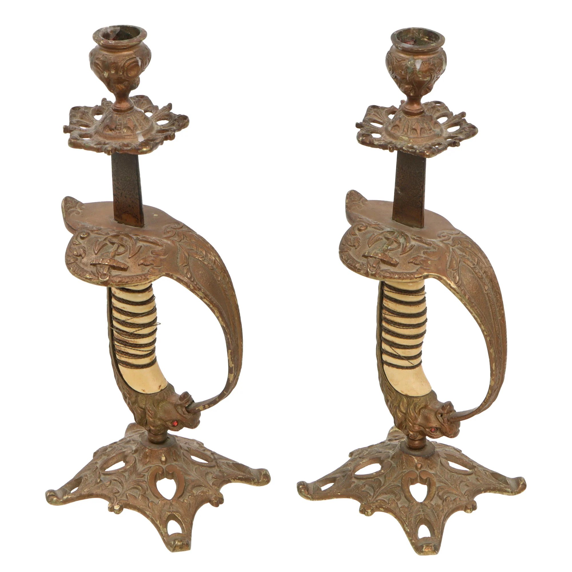 Original Imperial German WWI Kaiserliche Marine Navy Lion Head Sword Hilt Candlesticks - Set of Two — image 2