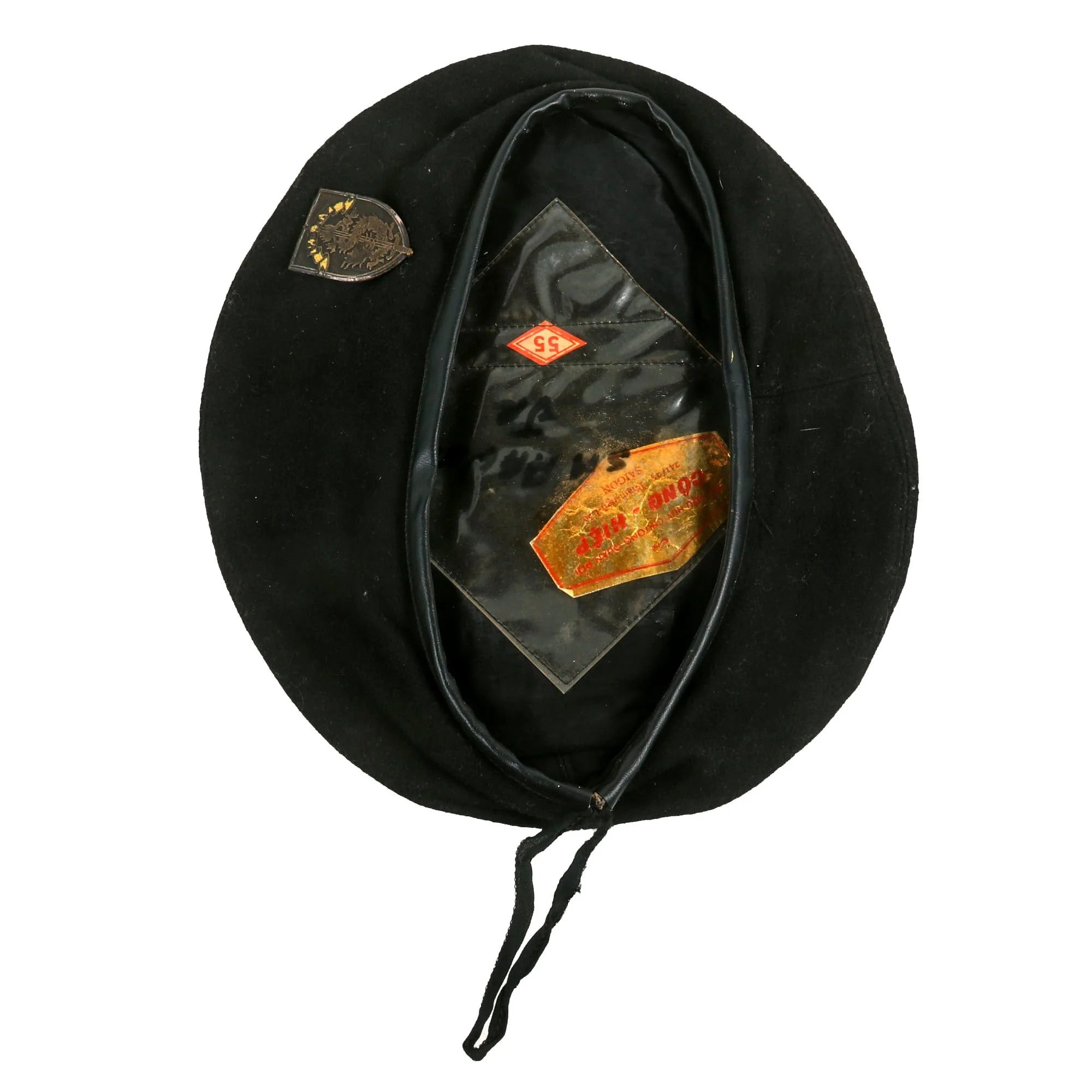 Original 1948 - 1954 South Vietnamese Nation Guard Black Beret with Badge and Foil Maker's Label — image 3