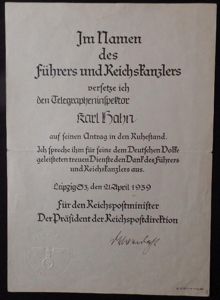 Award certificate for pension - ' Telegrapheninspektor' - Hahn.