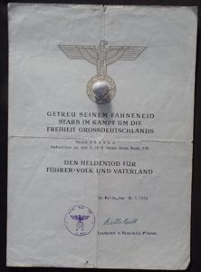 'Heldentodurkunde' WH (Heer) 299.Inf.Div.- Ahrens