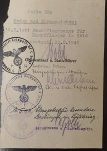 Soldbuch entry 'Ehrenpokal für besondere Leistüngen im Lüftkrieg'