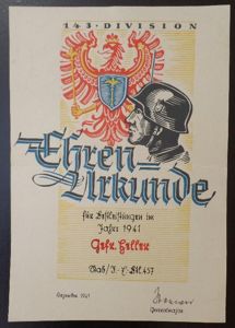 Ehrenurkunde 143.Divison-Heller