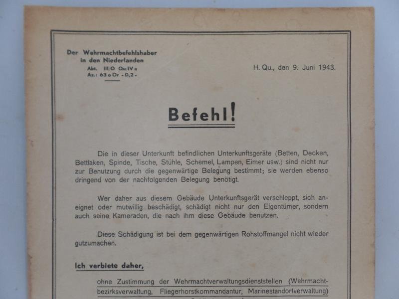 'Befehl' (order)- 'Der Wehrmachtsbefehlshaber in den Niederlanden' - 1943 — image 2