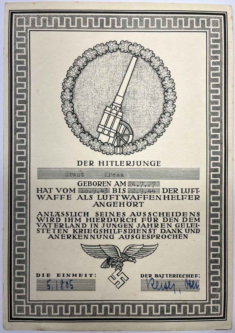 HY 'Luftwaffenhelfer' citation grouping - Flak Abt.805 - Krenn — image 2