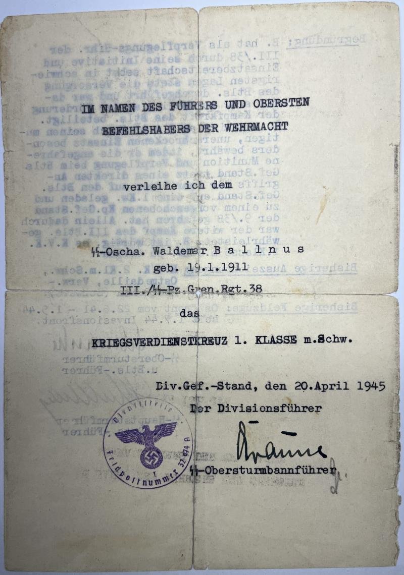 'Waffen-SS' citation set - Pz.Gren.Rgt.38 / 17.SS-Pz.Gren.Div.'Götz von Berlichingen' - Ballnus — image 3