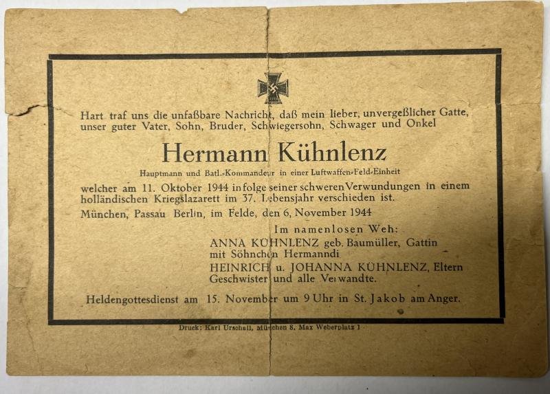 Death notice - Luftwaffen-Feld-Einheit - Holland 1944 -Kühnlenz — image 2