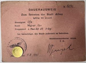 'Dauerausweis Athen' (longstay permit Athens) - L.Flak Abt.85 - Wagner