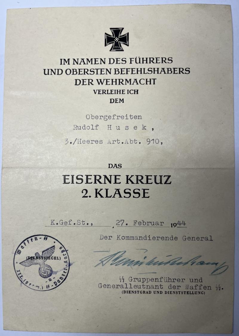 Citation - WH (Heer) / 'Waffen-SS' - Heeres Art.Abt.910 - Husek — image 2