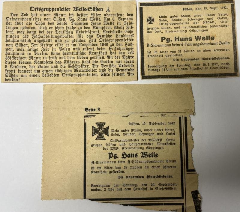 'Gedenk Urkunde' (remembrance certificate) grouping - 'Ortsgruppenleiter Süssen' - Welle — image 9