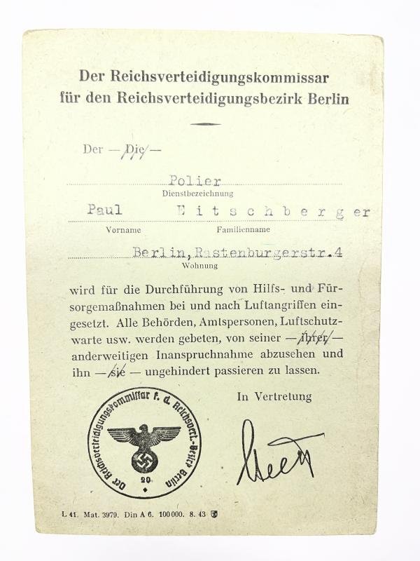 'Dienstausweis' - 'Reichsverteidigungskommissar' - Berlin - Eitschenberger — image 2