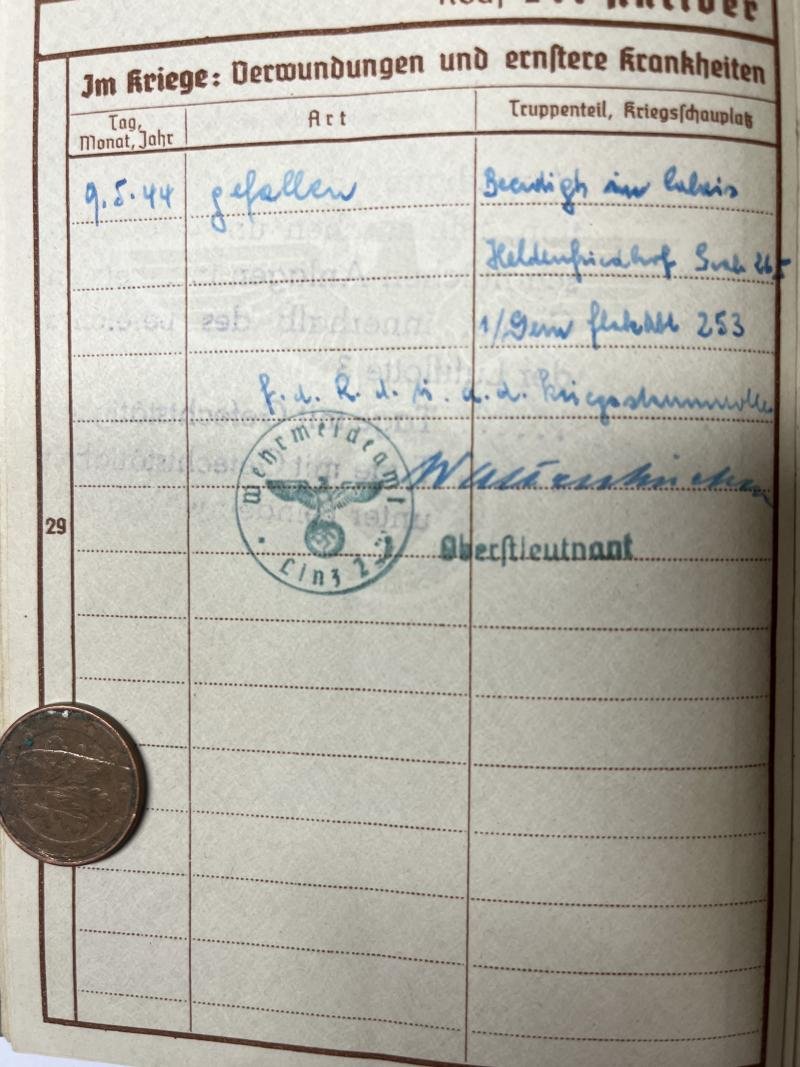 Wehrpass - Luftwaffe - 16.Flak Div. - KIA -Calais - Pammer — image 9