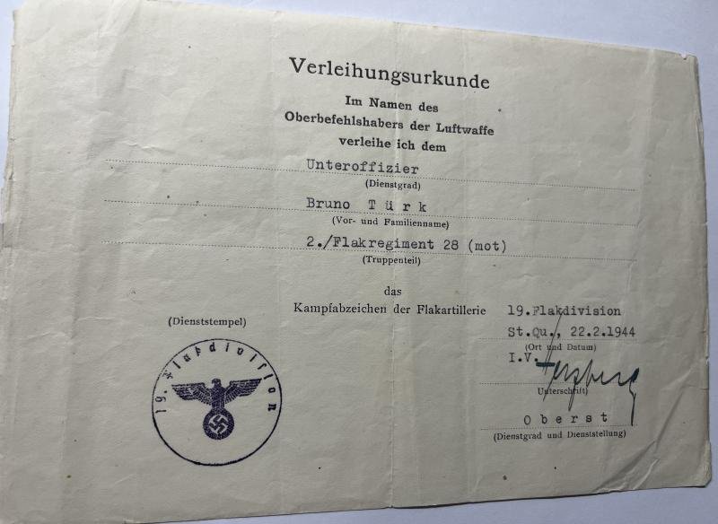 Citation set - Luftwaffe - 15.Flak Div./19.Flak Div. - Türk — image 2