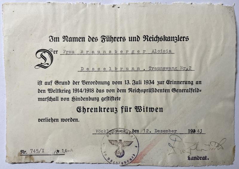 'Ehrenkreuz für Witwen' - citation - Braunsberger. — image 2