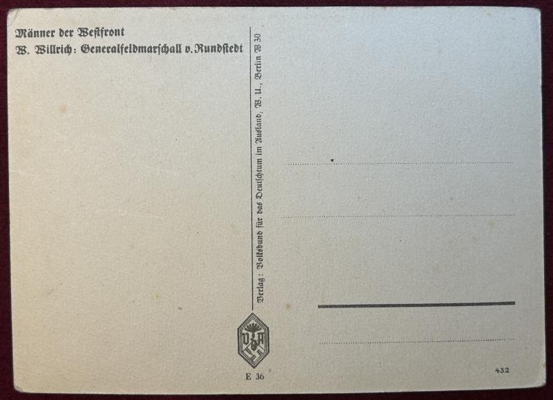 3rd Reich Ansichtkarte Ritterkreuzträger Generalfeldmarschall Von Rundstedt — image 2