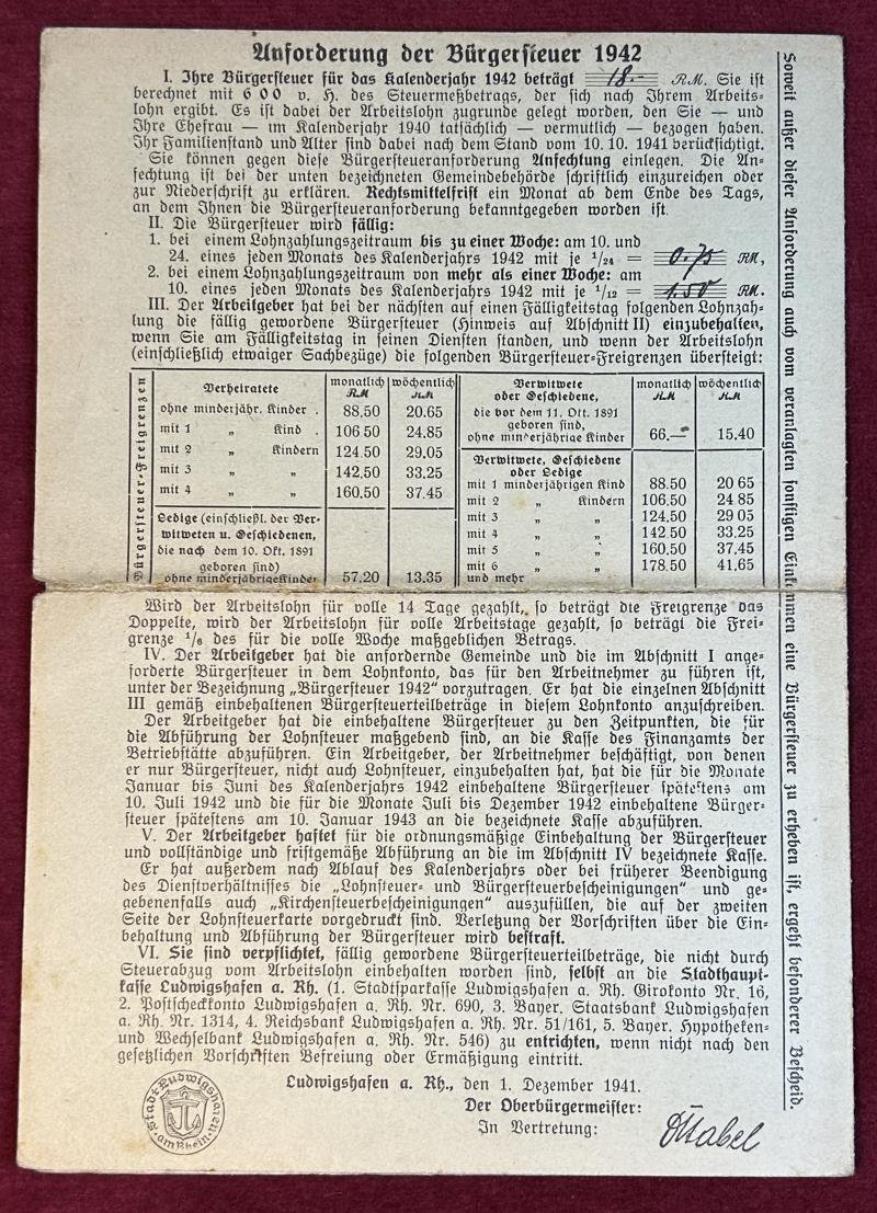 3rd Reich Lohnsteuerkarte 1942 Ludwigshaven — image 3